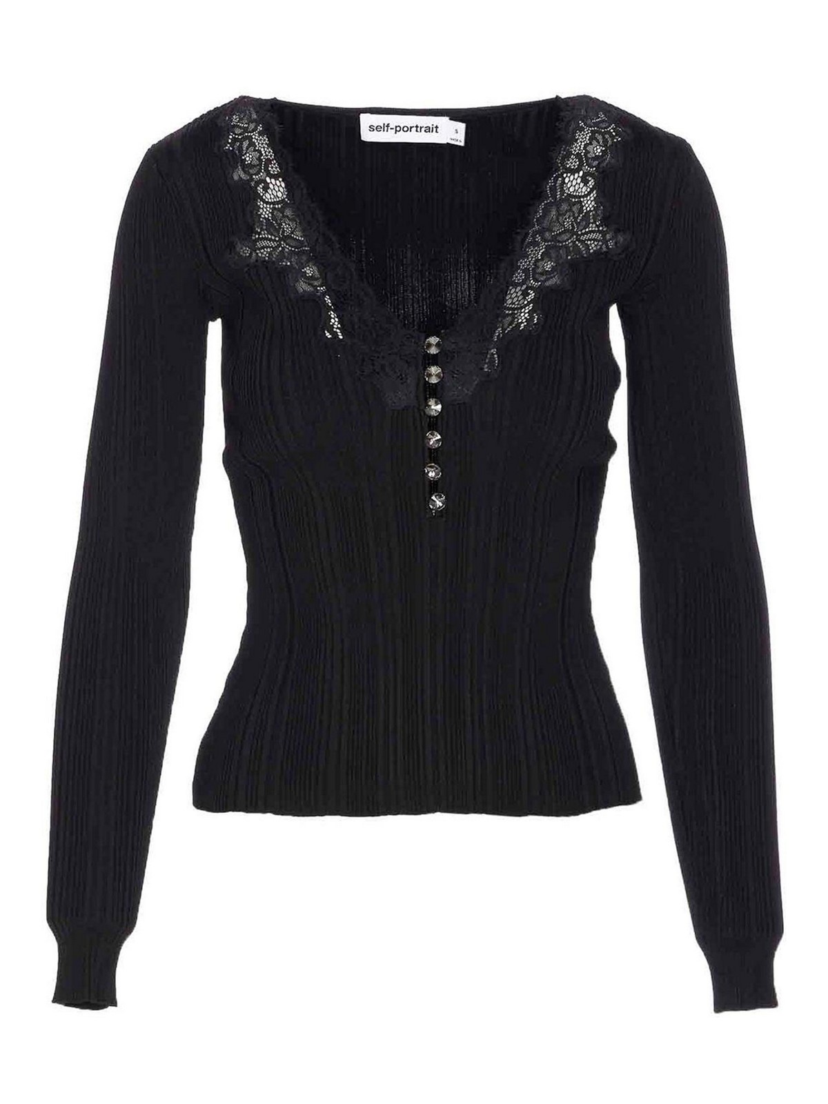 Self-portrait Black Lace Trim Knit Top Tops Black In Black
