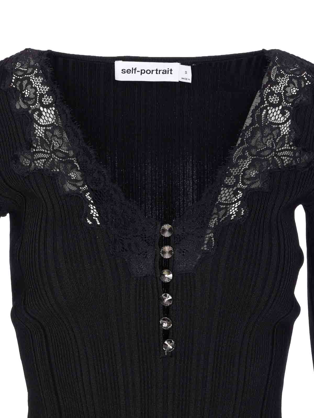Self-portrait Black Lace Trim Knit Top Tops Black In Black
