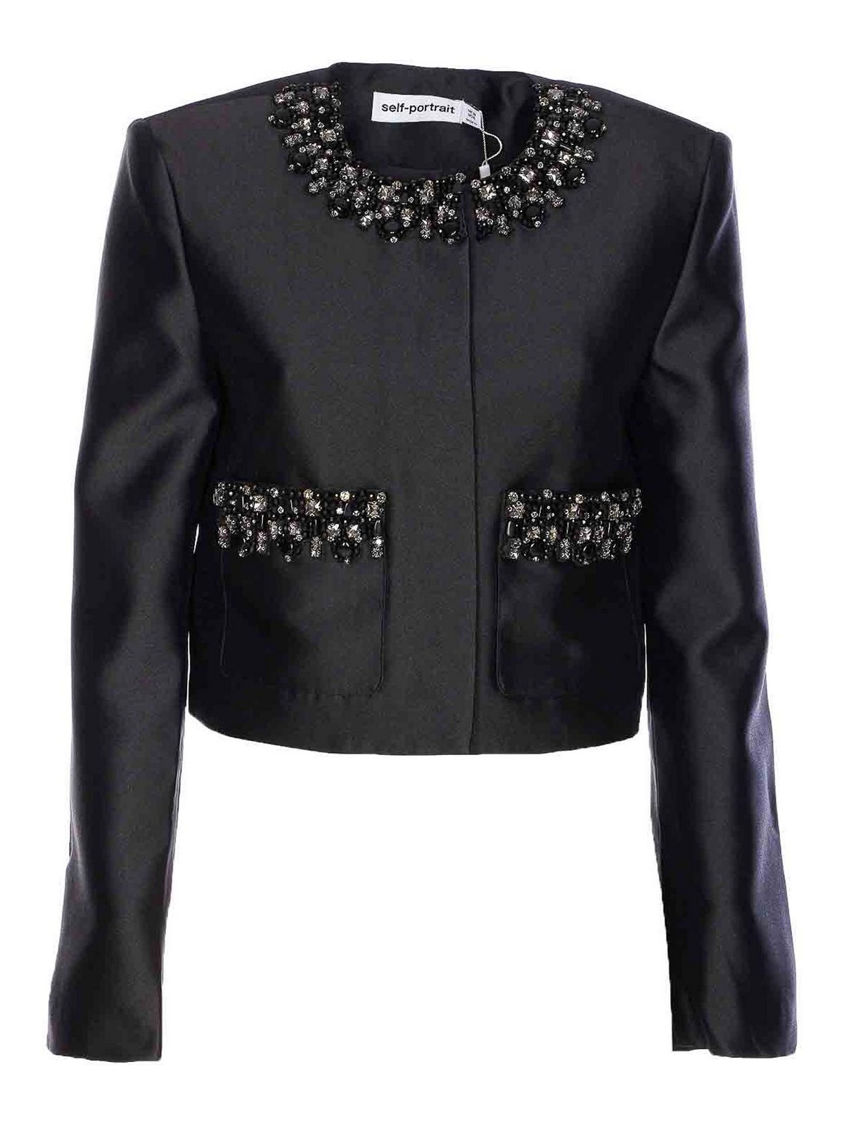 Self-portrait Black Taffeta Embellished Trim Jacket Clothing In Black