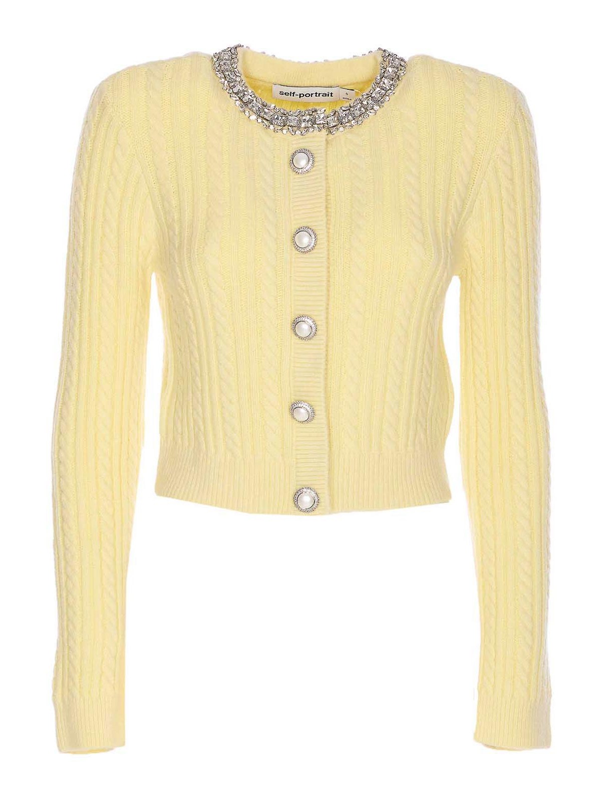Self-portrait Cardigan In Mixed Wool With Rhinestones In Yellow