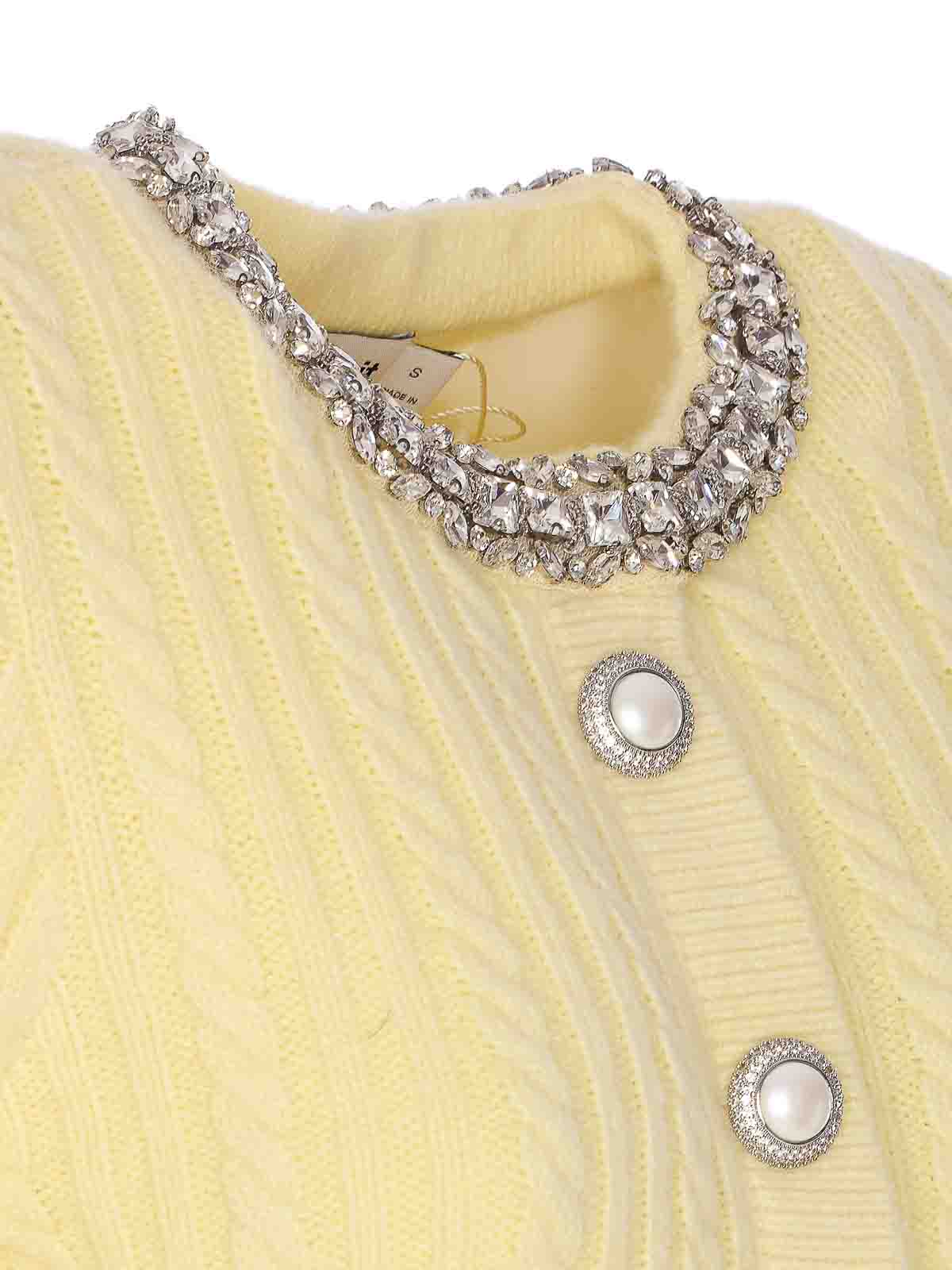 Self-portrait Cardigan In Mixed Wool With Rhinestones In Yellow
