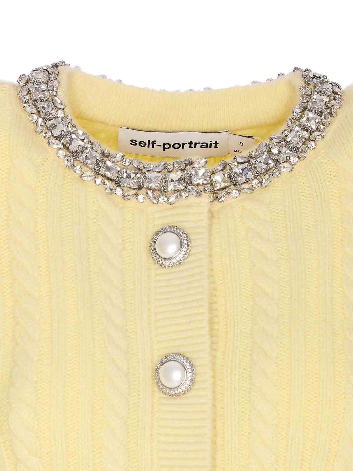 Self-portrait Cardigan In Mixed Wool With Rhinestones In Yellow