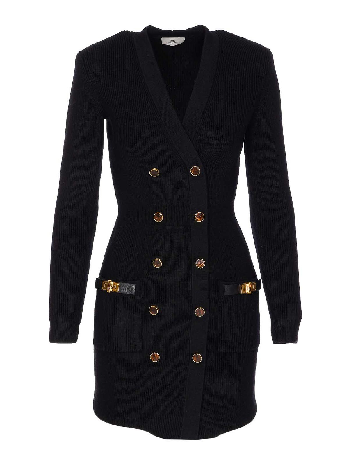 Elisabetta Franchi Textured Knit Black Midi Dress With Double-breasted Design In Black