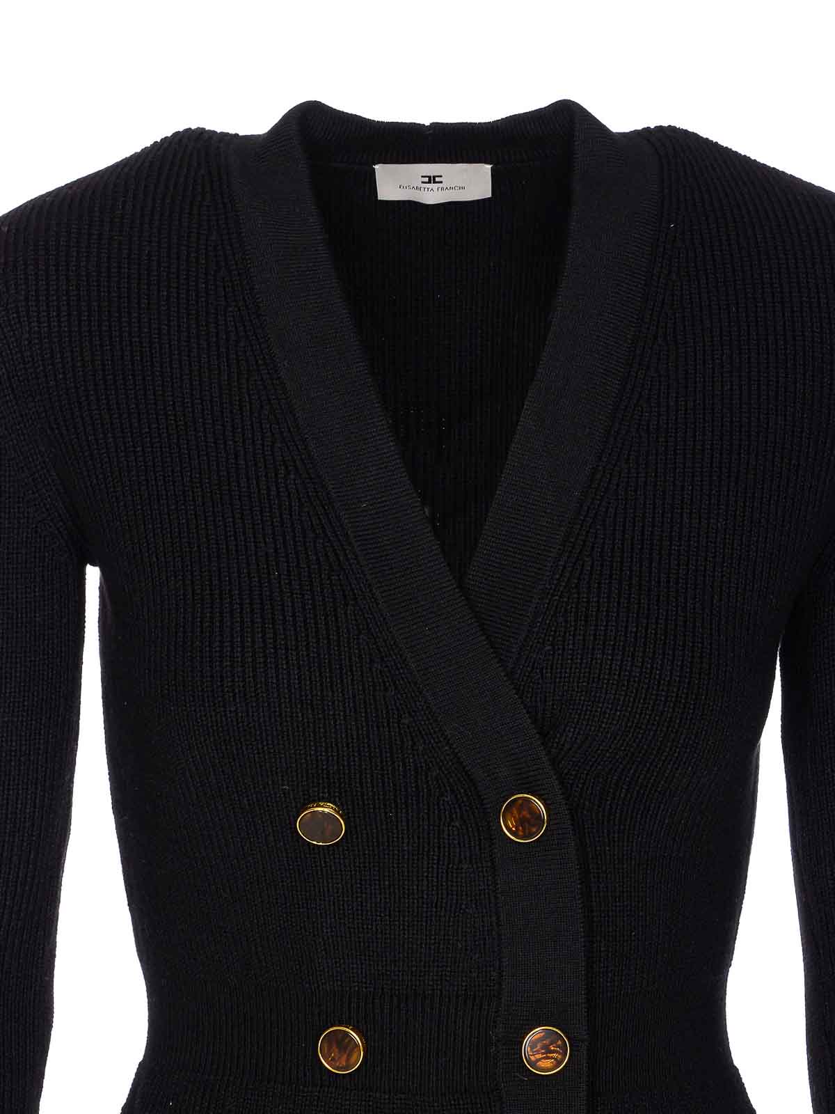 Elisabetta Franchi Textured Knit Black Midi Dress With Double-breasted Design In Black