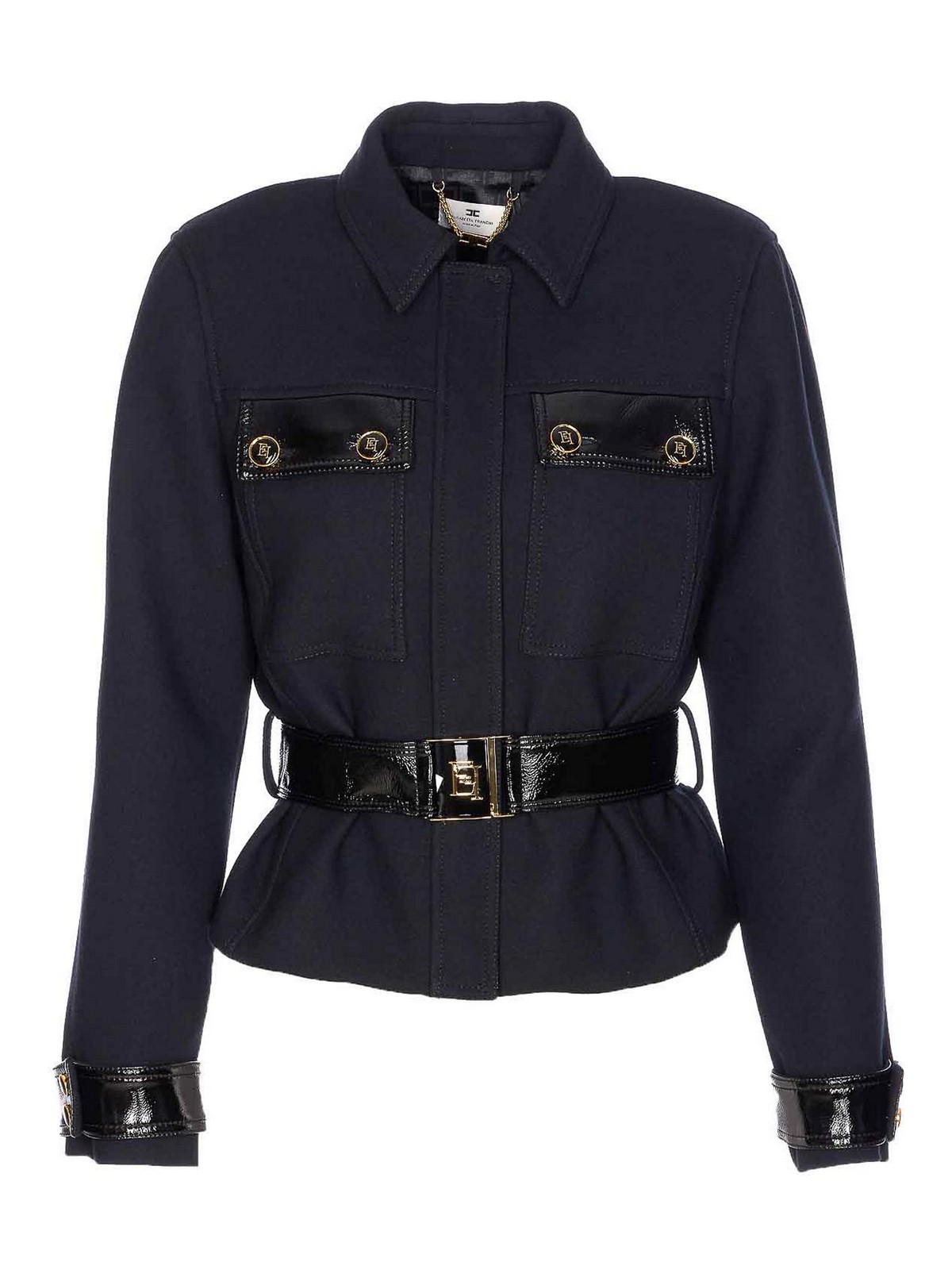 Elisabetta Franchi Belted Fitted Jacket With Glossy Accents In Black
