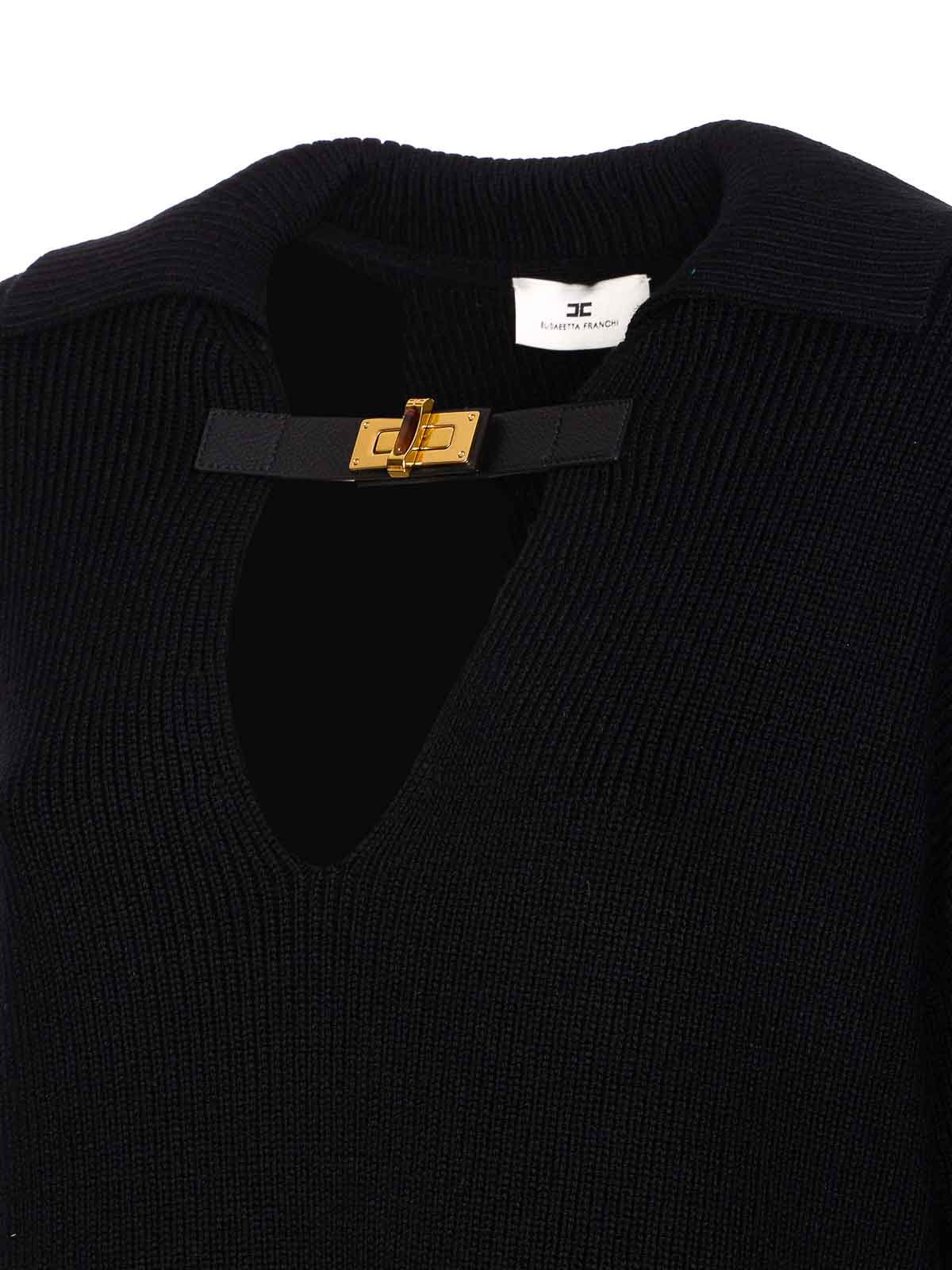Elisabetta Franchi Deep V-neck Sweater With Gold Accent And Ribbed Texture In Black