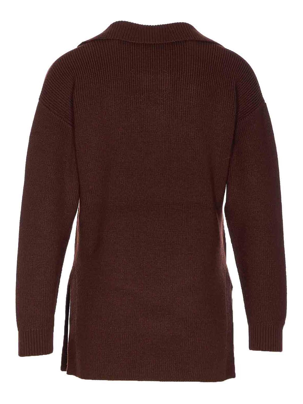 Elisabetta Franchi Knitwear Collared Design Long Sleeves Ribbed Texture V-neckline In Brown