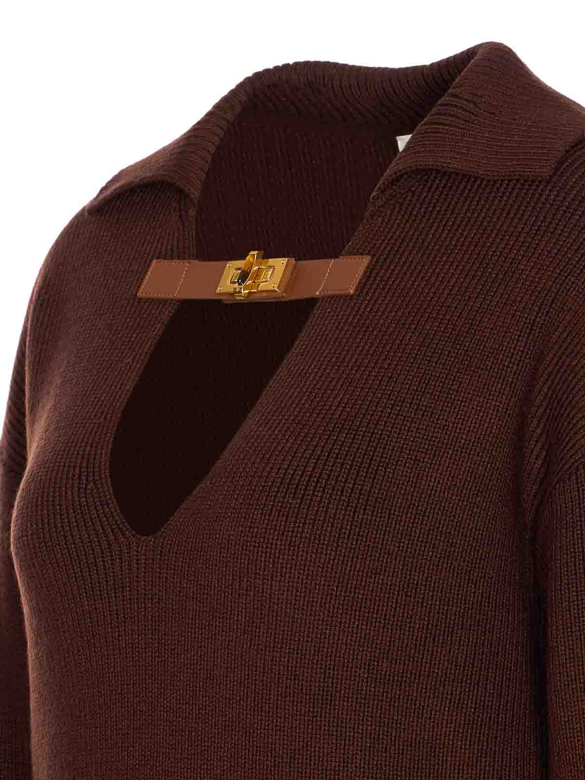 Elisabetta Franchi Knitwear Collared Design Long Sleeves Ribbed Texture V-neckline In Brown