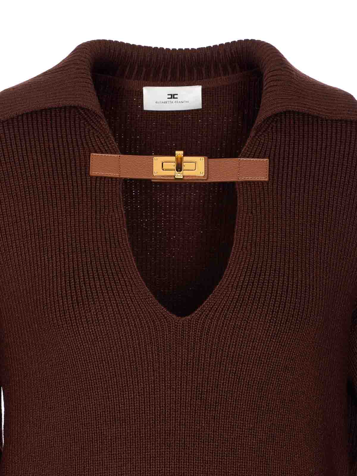 Elisabetta Franchi Knitwear Collared Design Long Sleeves Ribbed Texture V-neckline In Brown