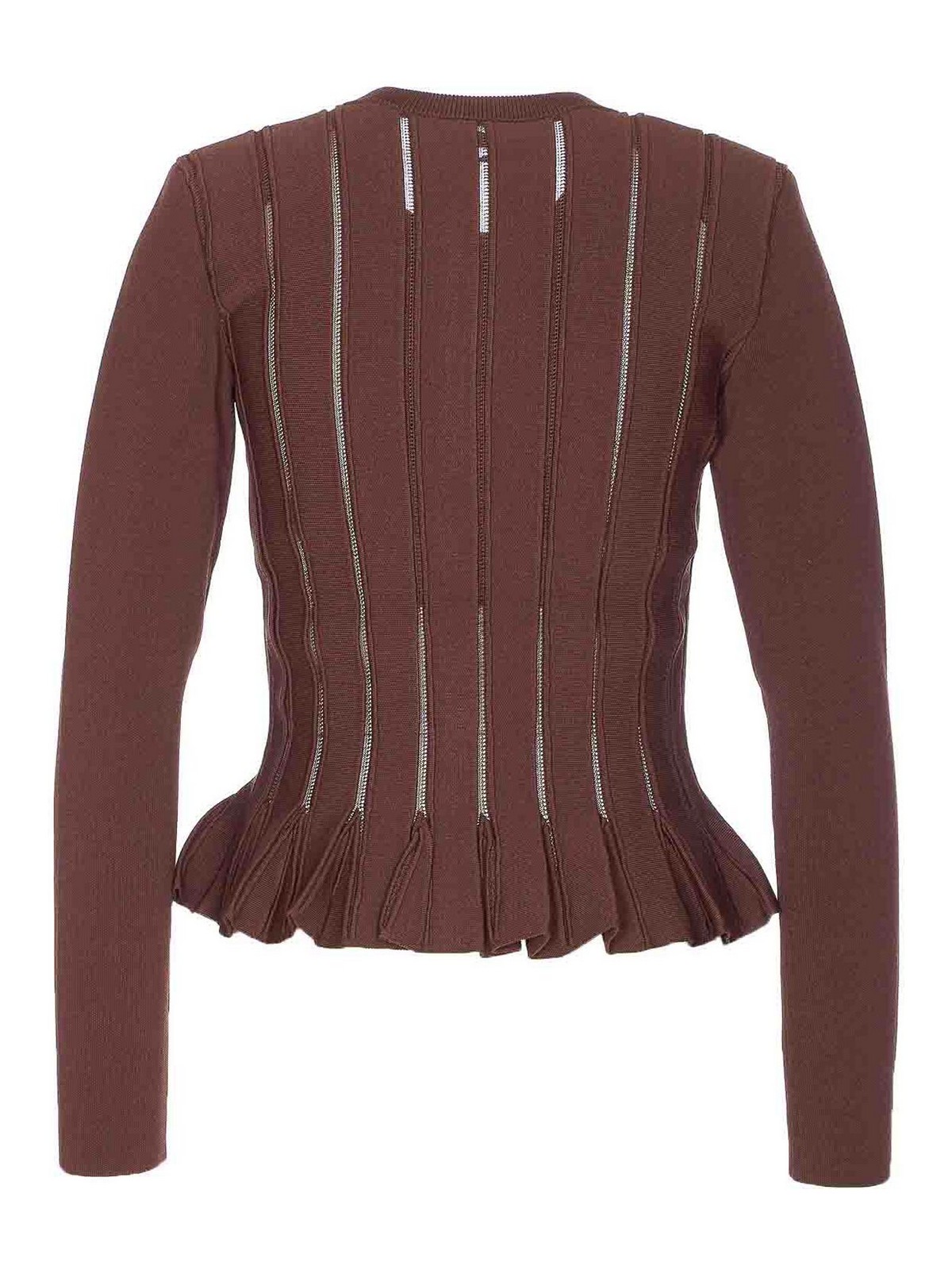 Elisabetta Franchi Textured Ribbed Fitted Cardigan With Peplum Hem In Brown