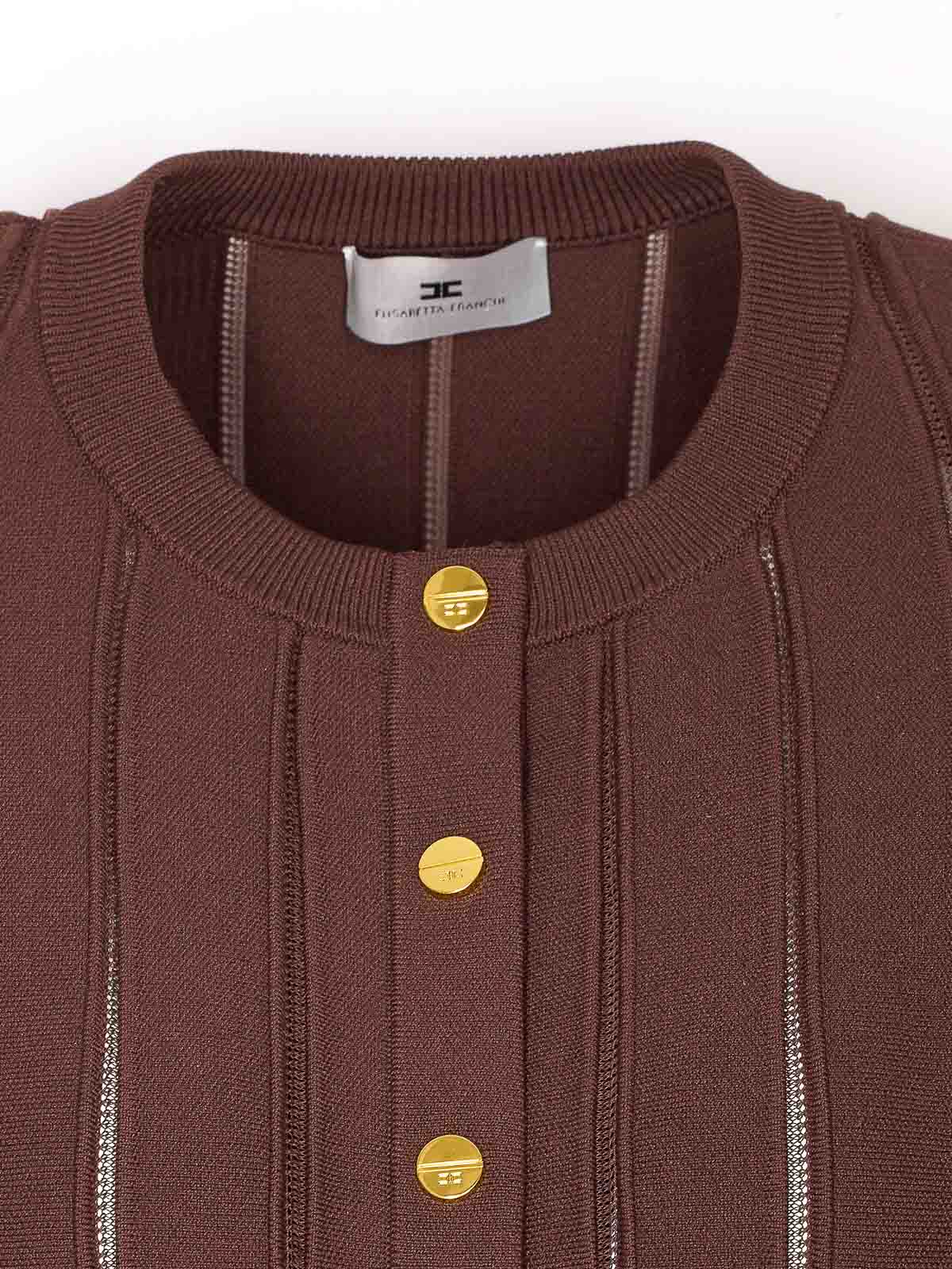 Elisabetta Franchi Textured Ribbed Fitted Cardigan With Peplum Hem In Brown
