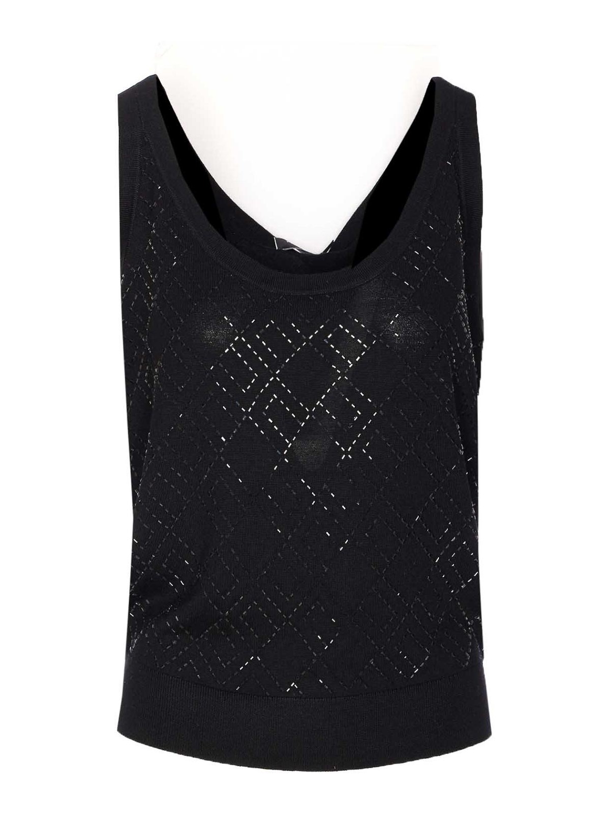 Elisabetta Franchi Glitter Geometric Knit Scoop Ribbed Top In Black