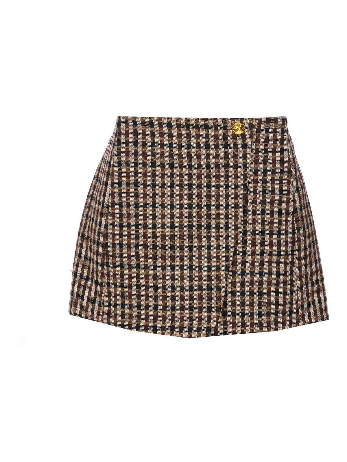 Ganni Plaid Wool Miniskirt In Brown