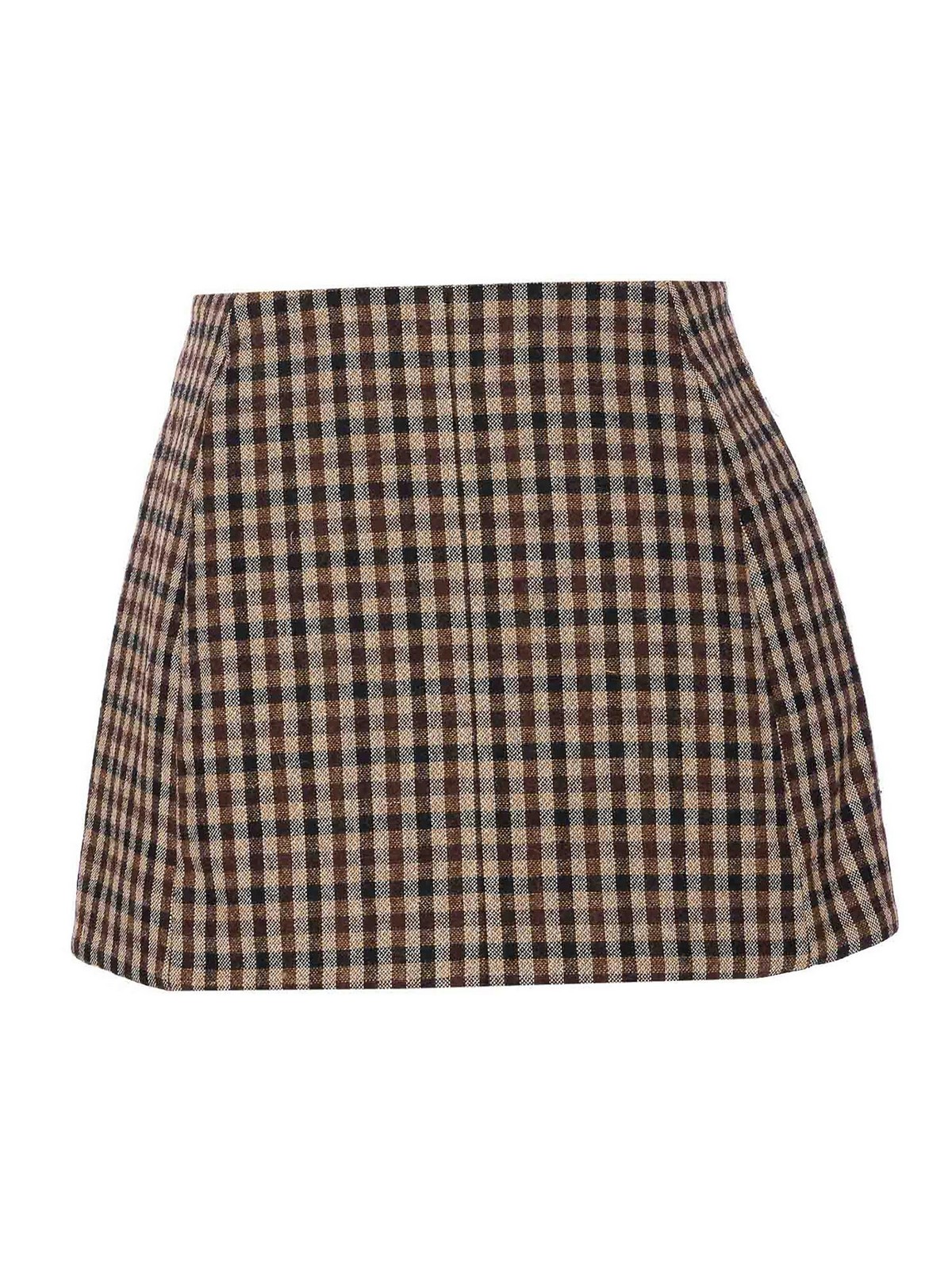 Ganni Plaid Wool Miniskirt In Brown