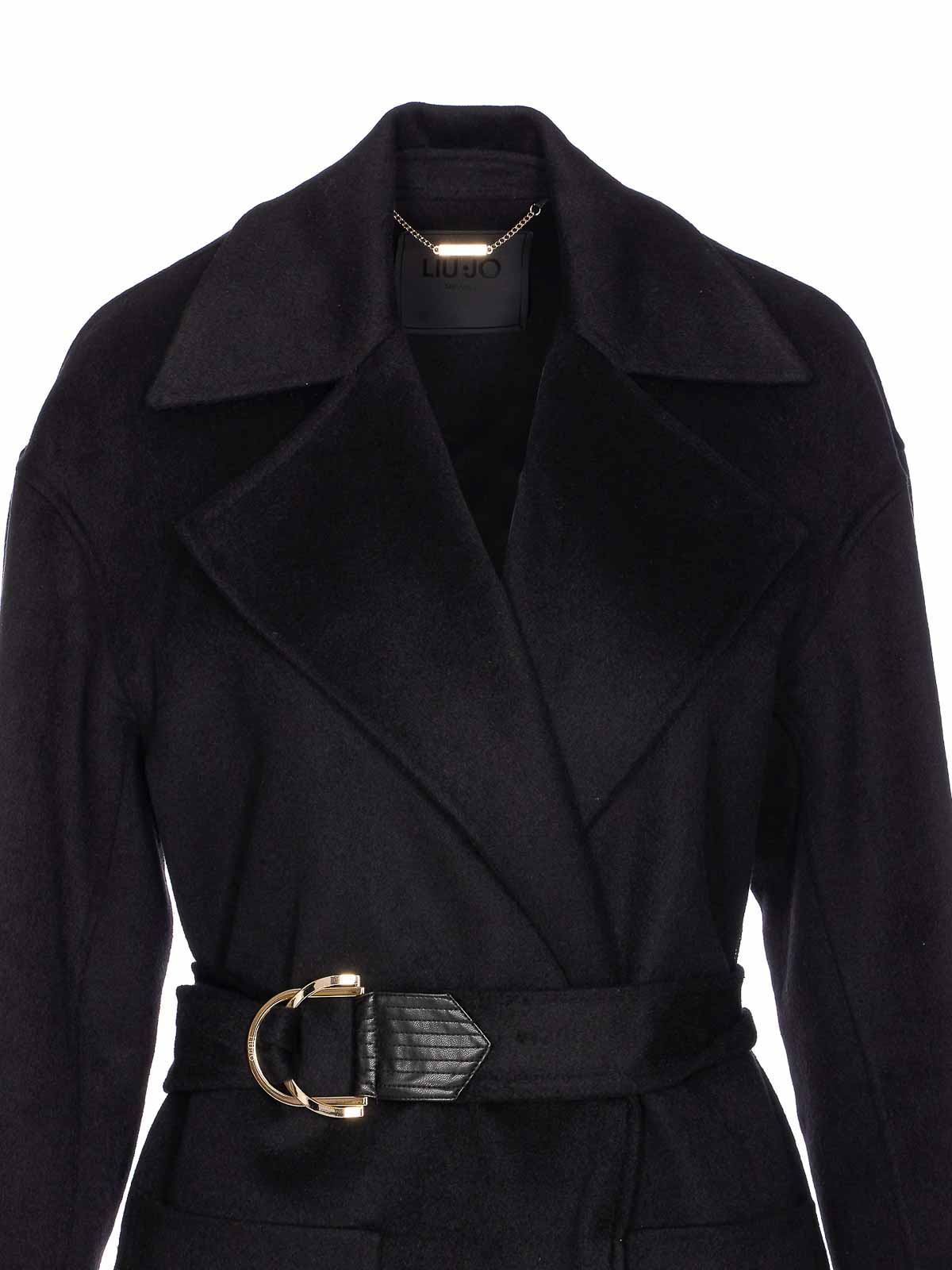 Liu •jo Knee-length Coat With Classic Lapel And Distinctive Buckle Detail In Black
