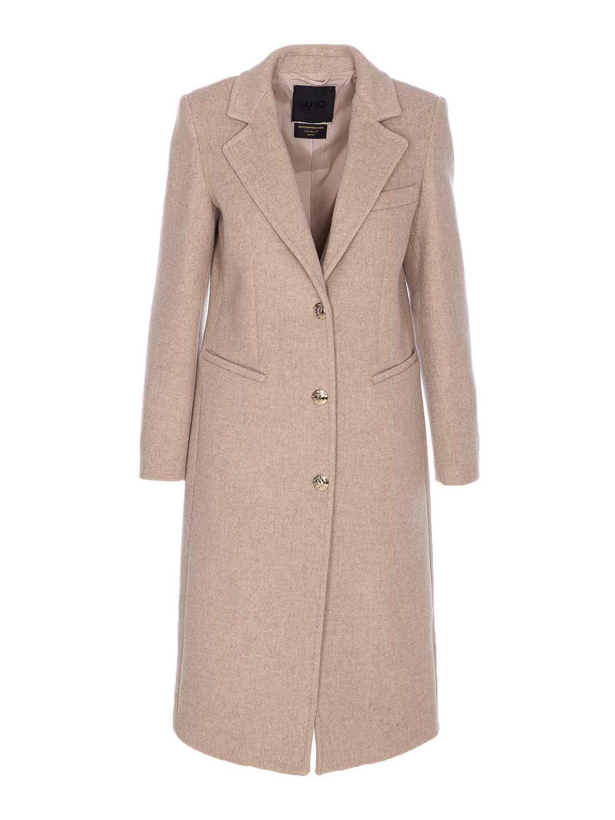 Liu •jo Long Sleeve V-neck Coat With Notch Lapel In Nude