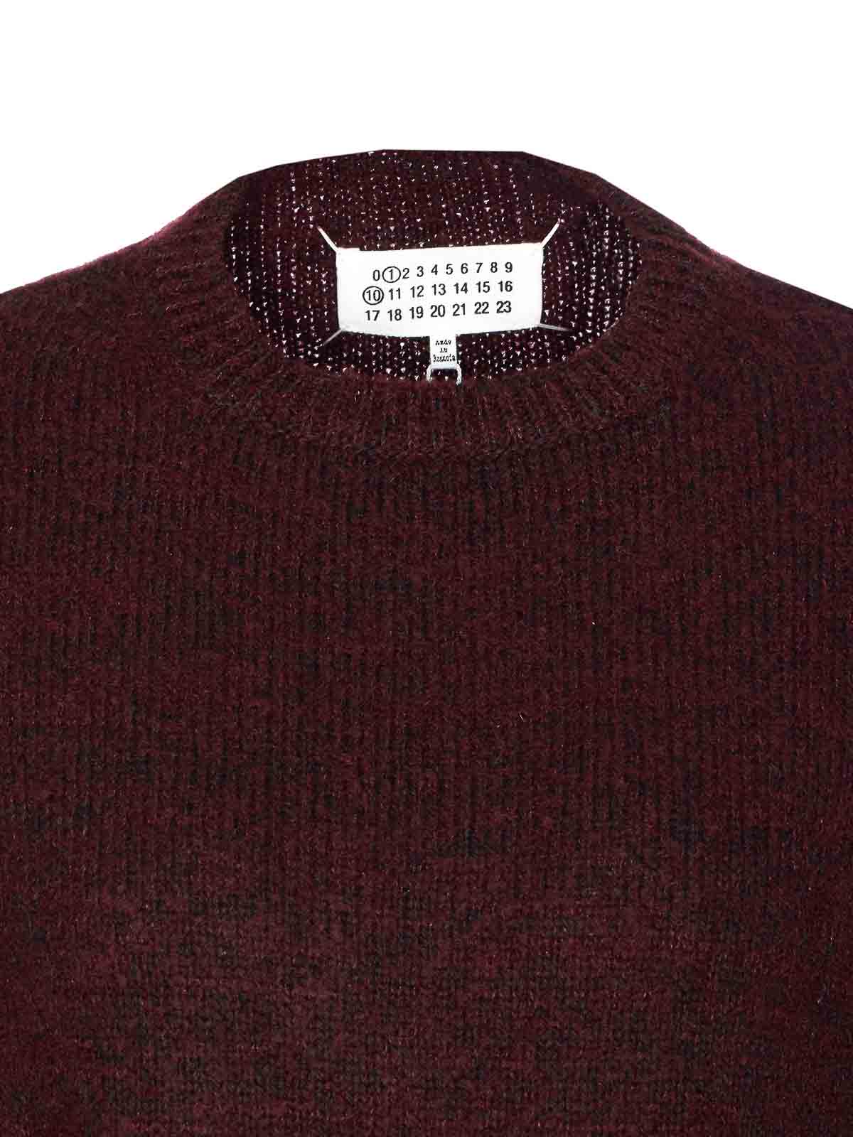 Maison Margiela Dropped Shoulder Burgundy Wool Sweater With Ribbed Details In Burgundy