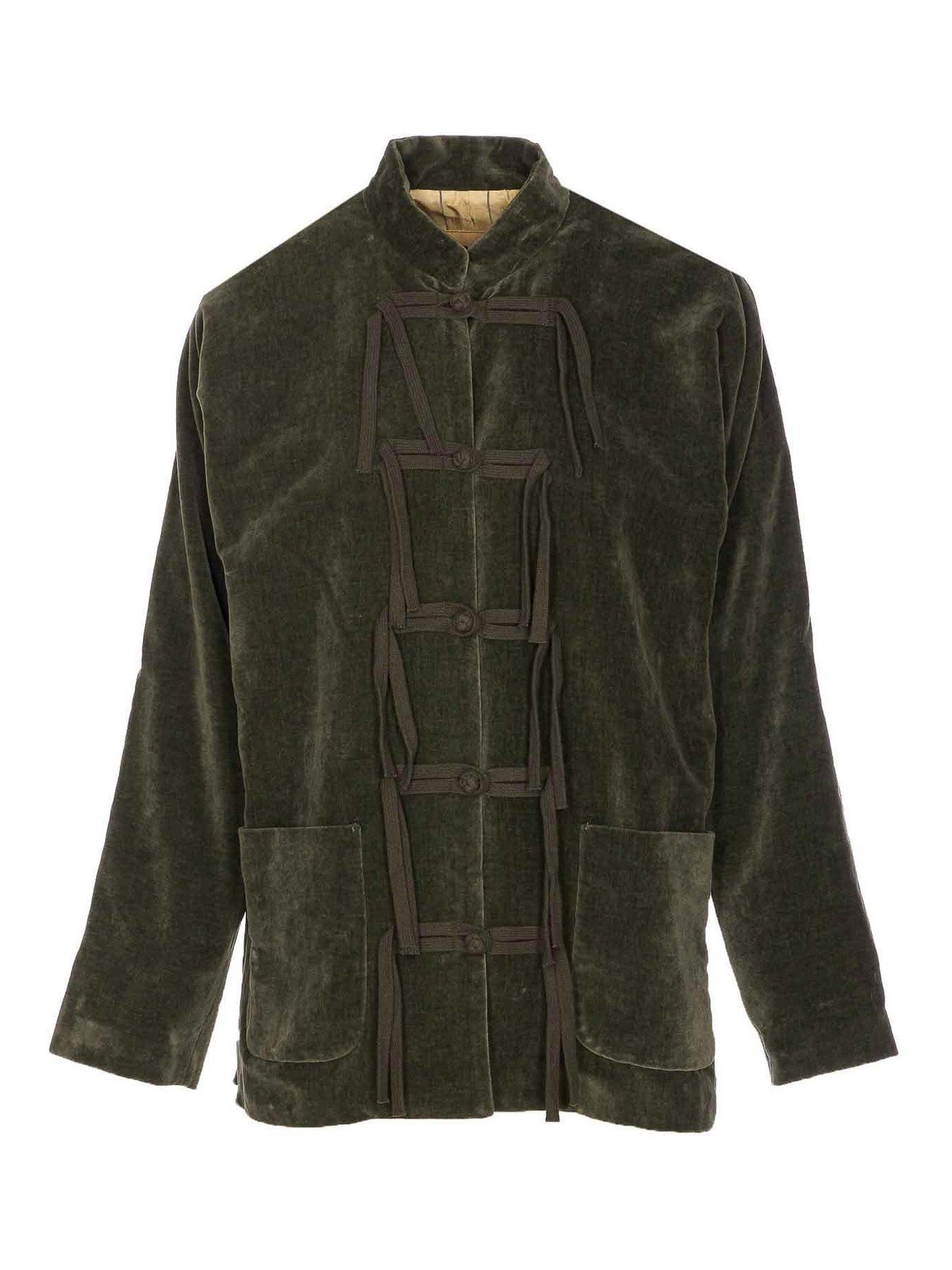 Uma Wang Velvet Texture High Collar Jacket With Button Detailing In Green