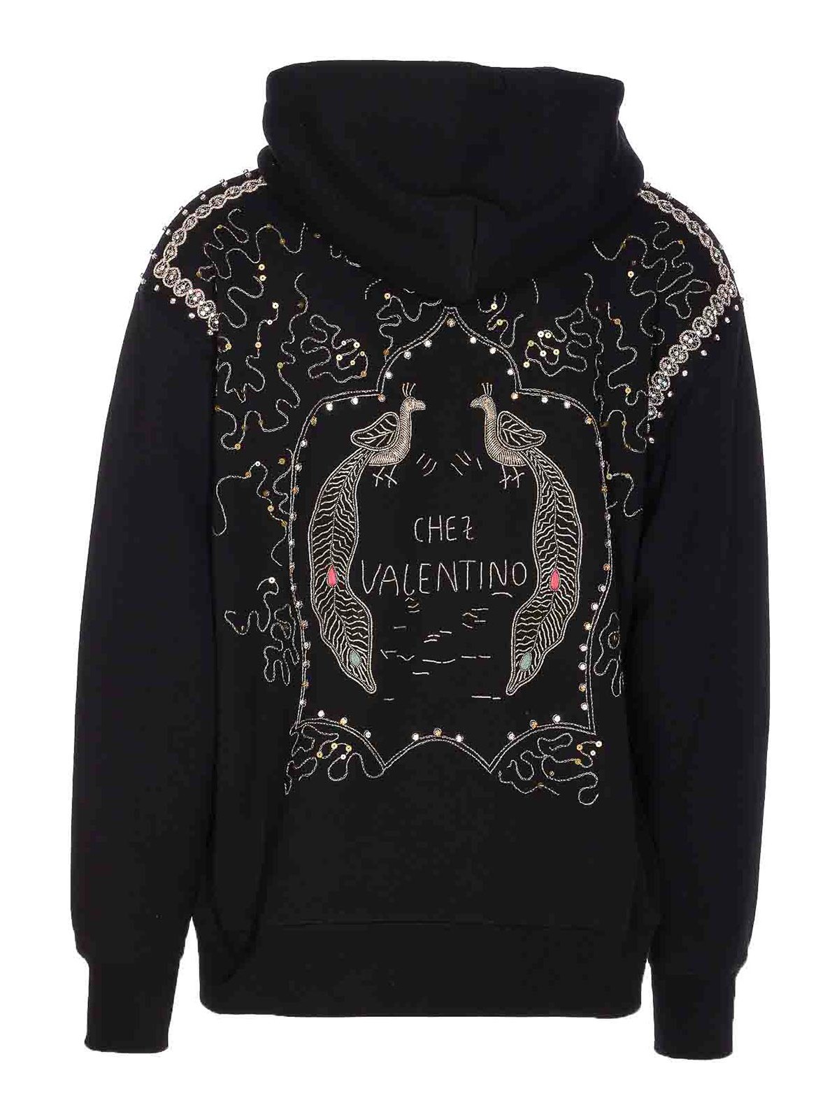 Valentino Crystal Embellished Hoodie With Embroidered Graphic In Black