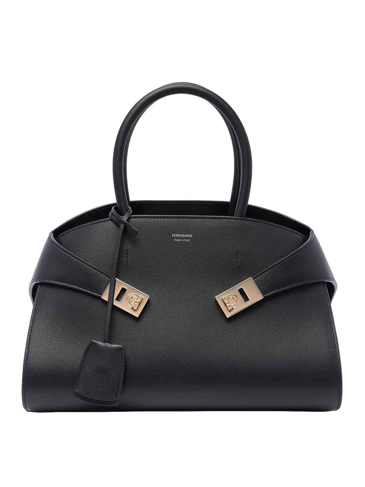 Ferragamo Hug S Black Handbag With Logo And Gancini Buckle In Leather Woman In Black