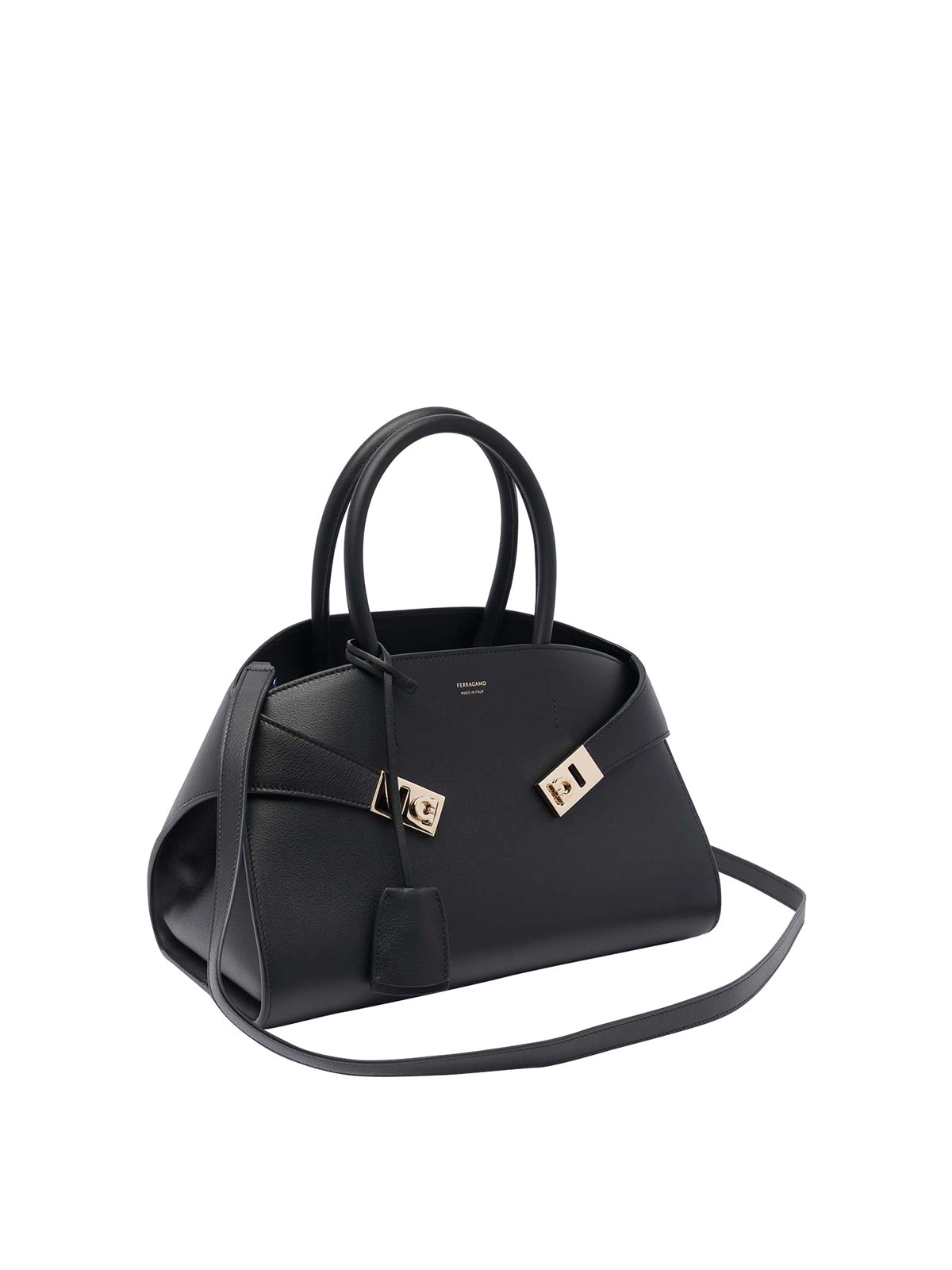 Ferragamo Hug S Black Handbag With Logo And Gancini Buckle In Leather Woman In Black