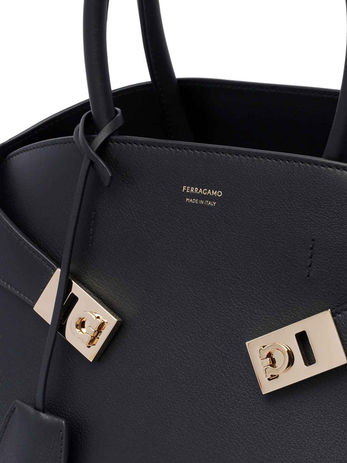 Ferragamo Hug S Black Handbag With Logo And Gancini Buckle In Leather Woman In Black