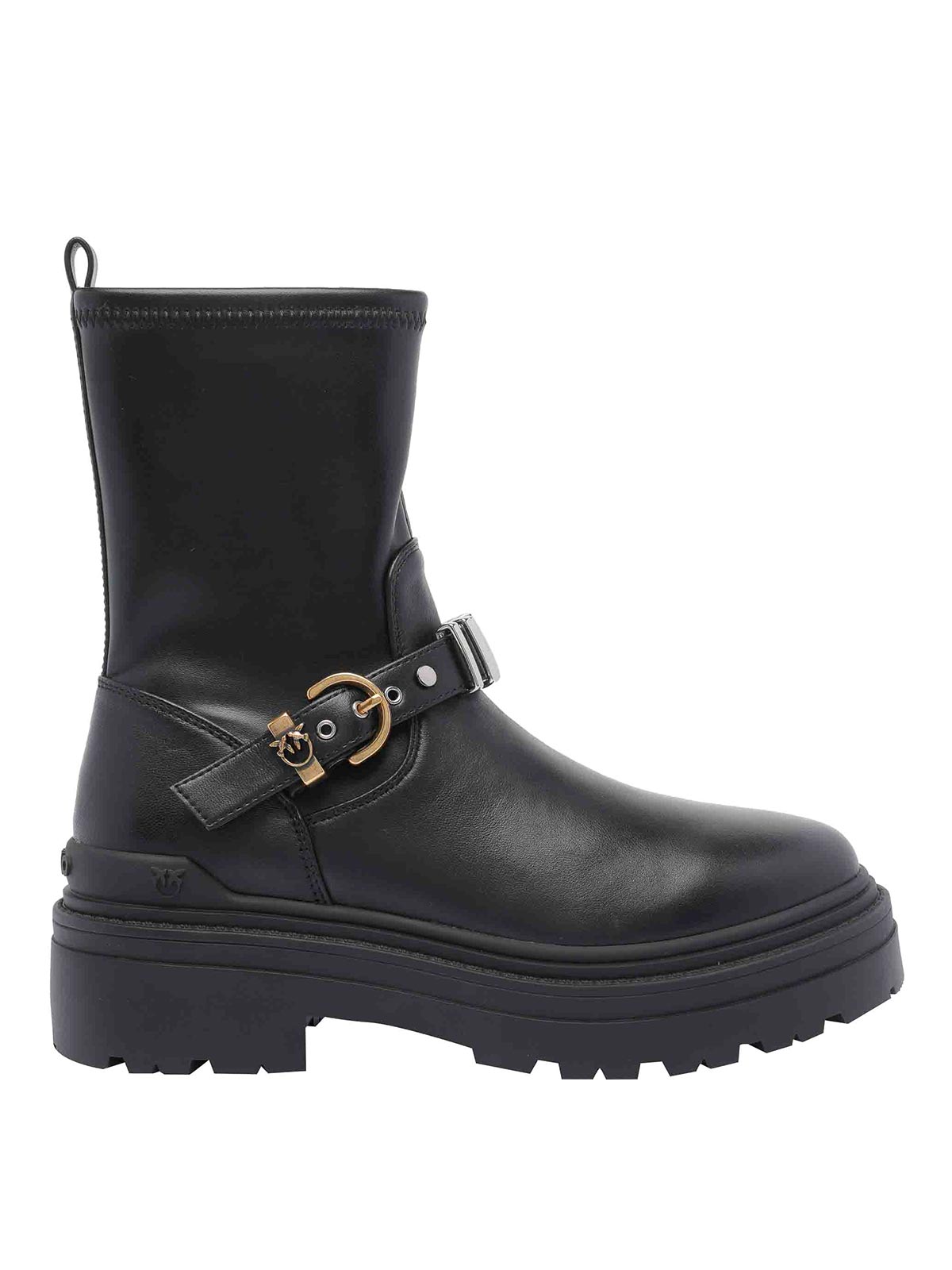 Pinko Rounded Toe Black Leather Ankle Boots With Front Strap In Black