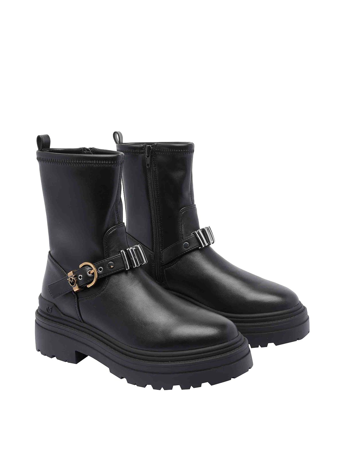 Pinko Rounded Toe Black Leather Ankle Boots With Front Strap In Black