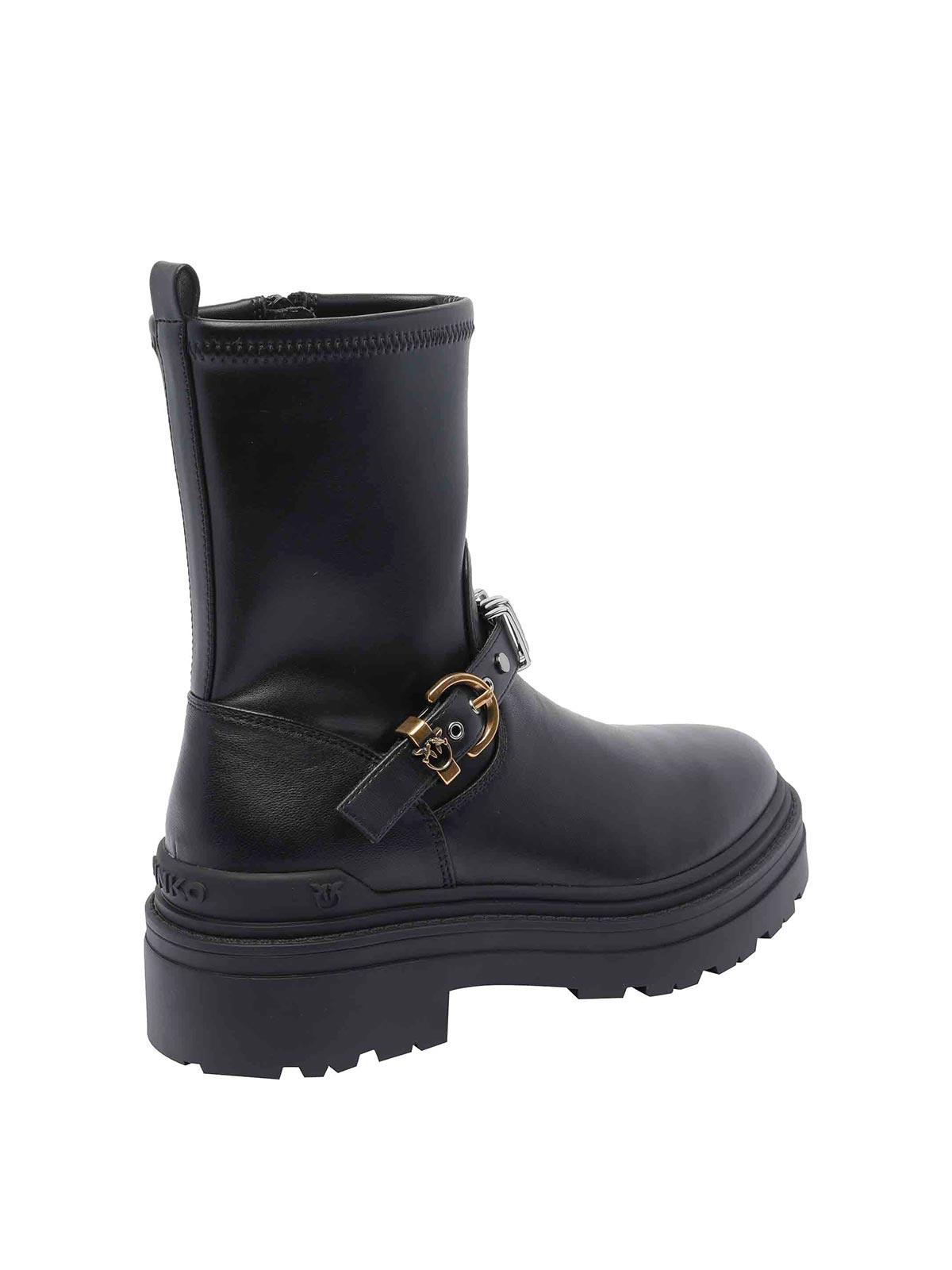 Pinko Rounded Toe Black Leather Ankle Boots With Front Strap In Black