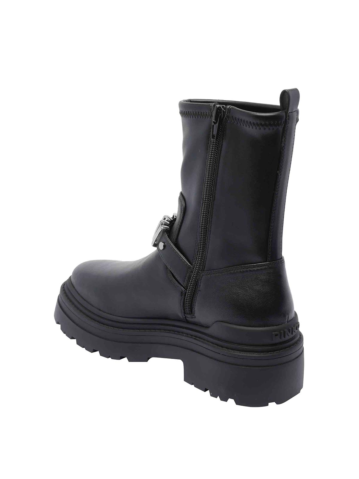 Pinko Rounded Toe Black Leather Ankle Boots With Front Strap In Black