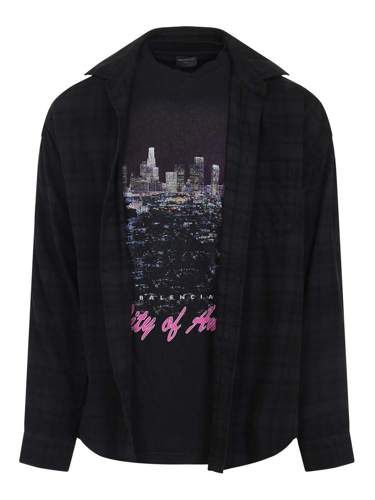 Balenciaga Long Sleeve Layered Shirt Japanese Cotton Flannel Shirts Black In Black
