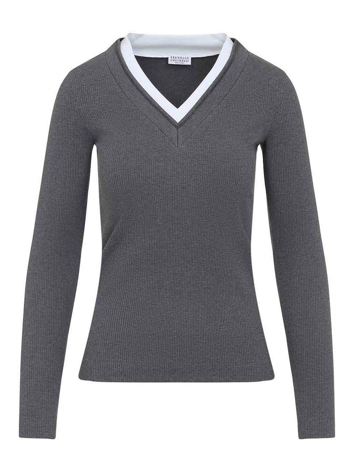 Brunello Cucinelli Ribbed Long-sleeved Top With Contrasting Trim In Black