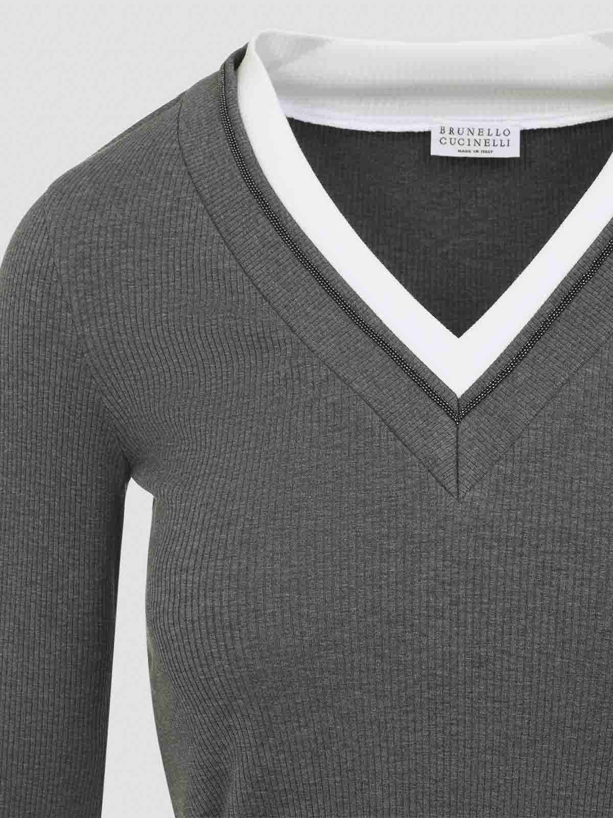 Brunello Cucinelli Ribbed Long-sleeved Top With Contrasting Trim In Black