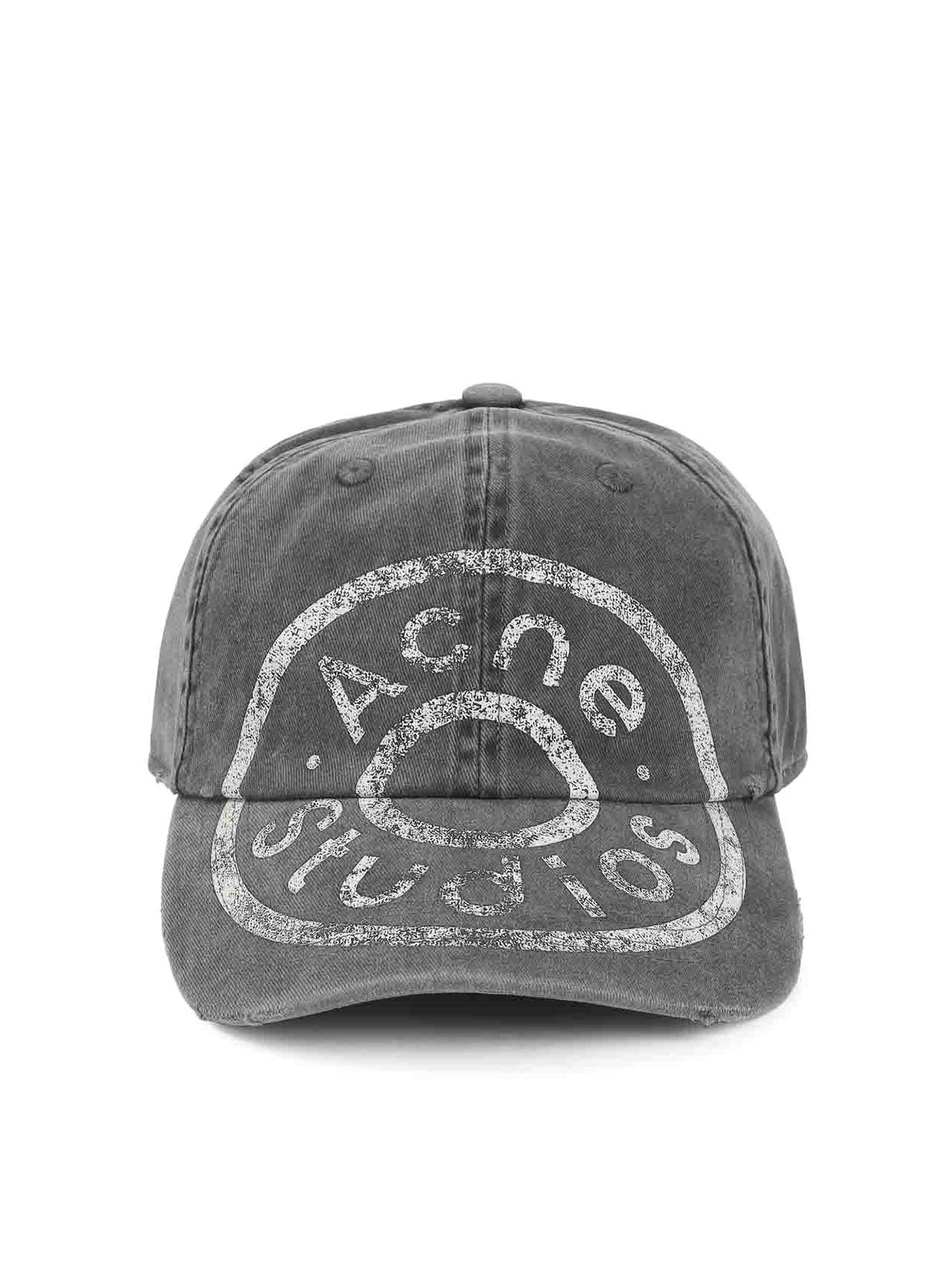 Acne Studios Distressed Graphic Logo Baseball Cap In Charcoal Grey In Blue