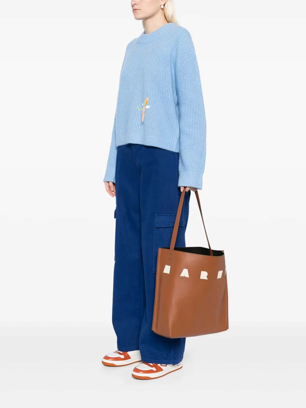 Marni Brown Structured Calfskin Shopping Bag With Ivory Details In Brown