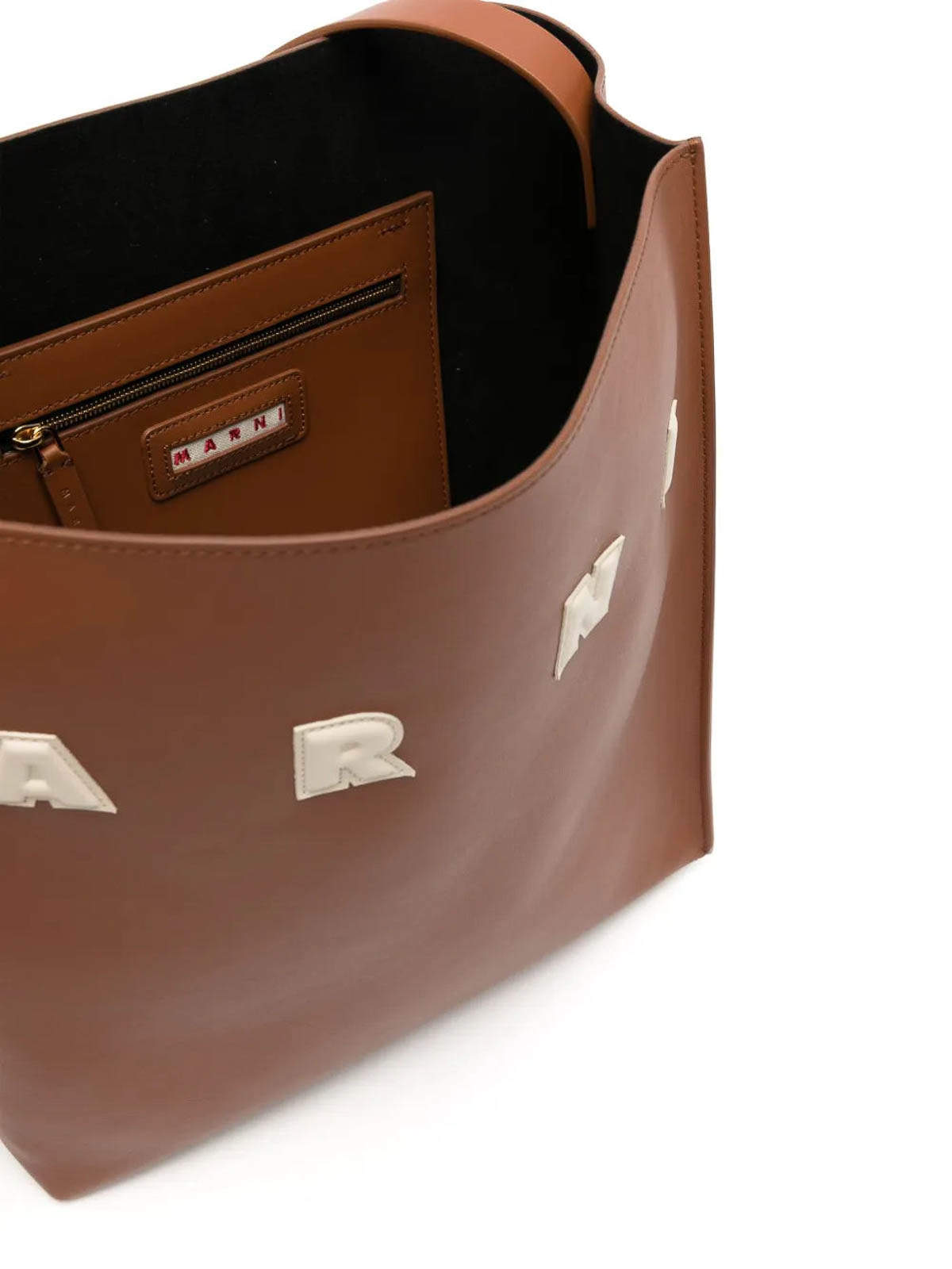 Marni Brown Structured Calfskin Shopping Bag With Ivory Details In Brown