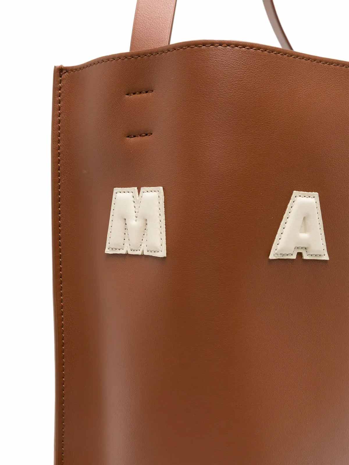 Marni Brown Structured Calfskin Shopping Bag With Ivory Details In Brown