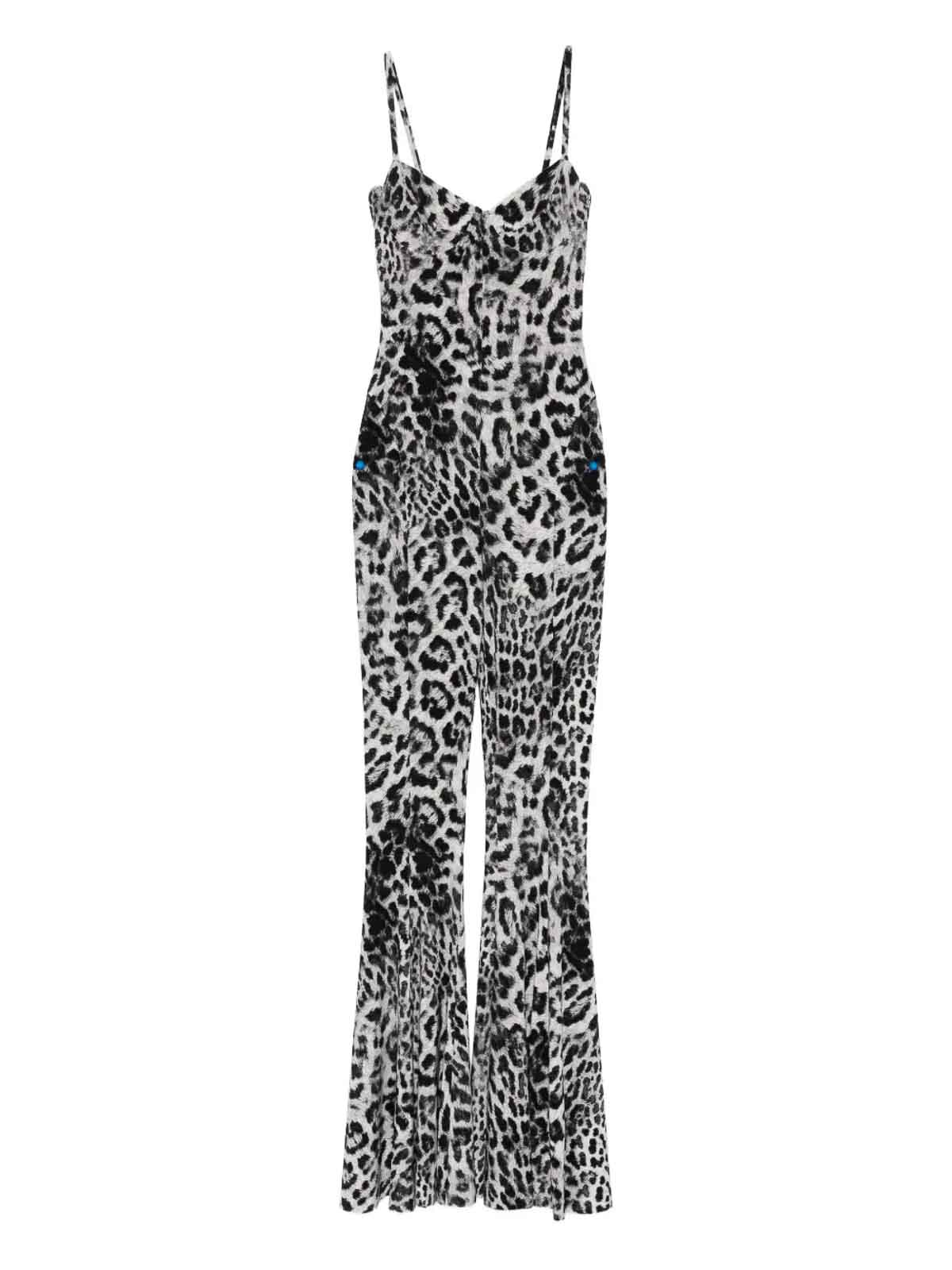 Norma Kamali Leopard Print Flared Jumpsuit In Black
