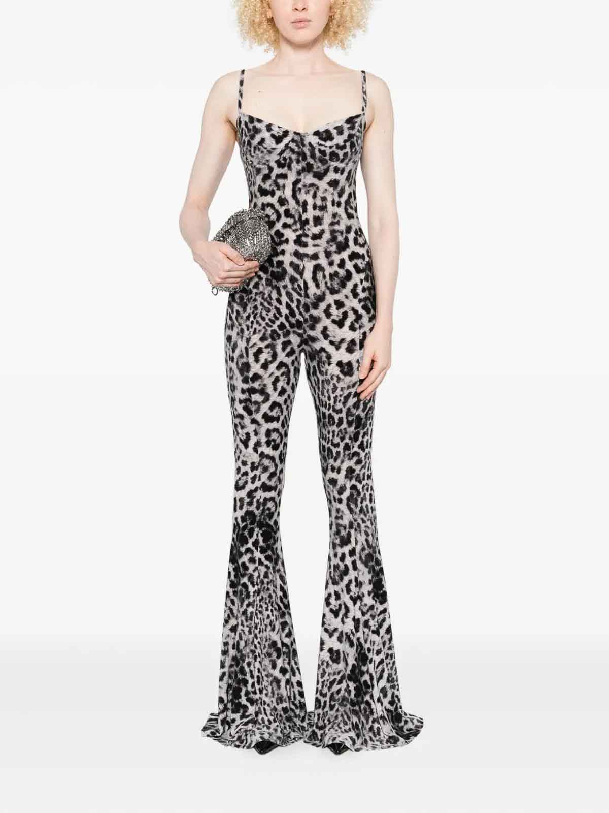 Norma Kamali Leopard Print Flared Jumpsuit In Black