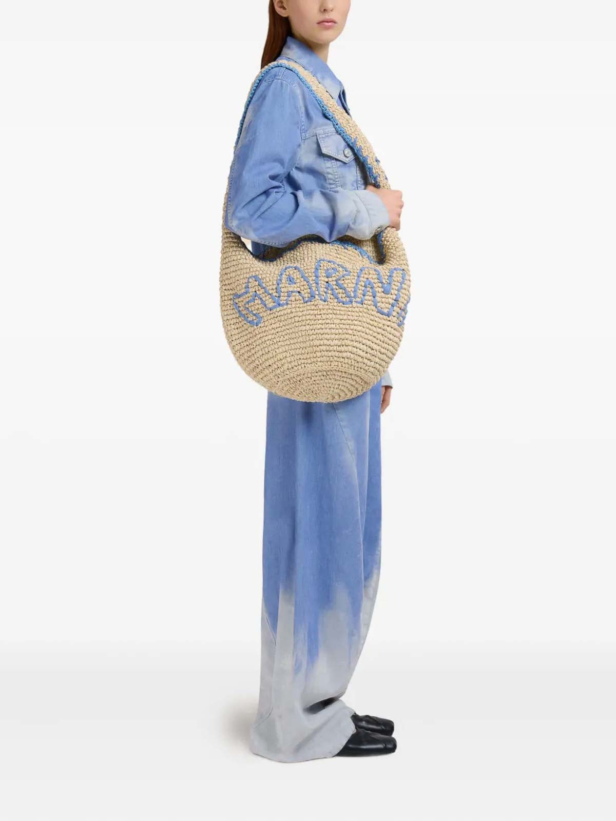 Marni Nassa Hobo Shoulder Bag In Natural And Blue Raffia In Blue