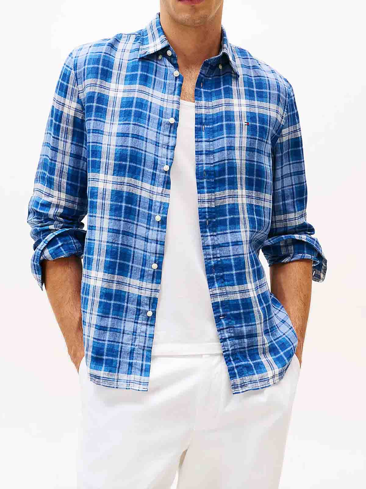 Tommy Hilfiger Linen Medium Check Shirt - Blue|MW0MW385910MS