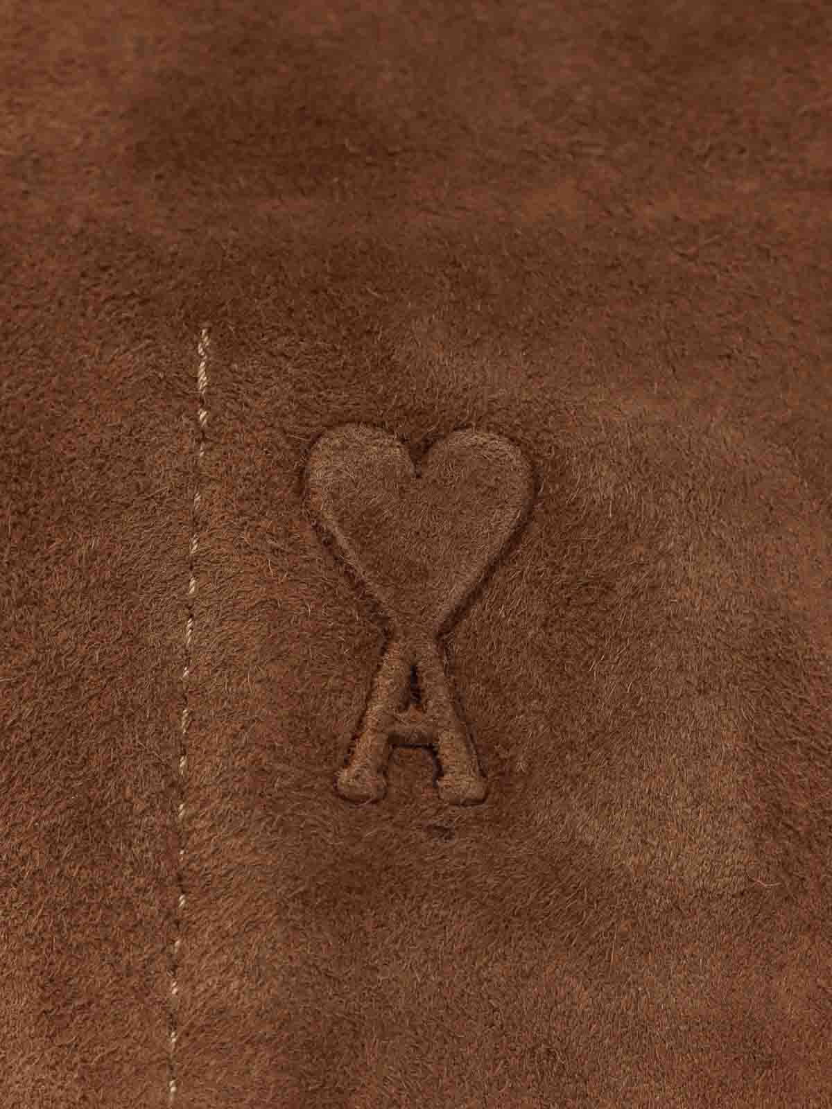 Ami Alexandre Mattiussi Mens Noisette Pointed-collar Embossed-logo Leather Jacket In Brown