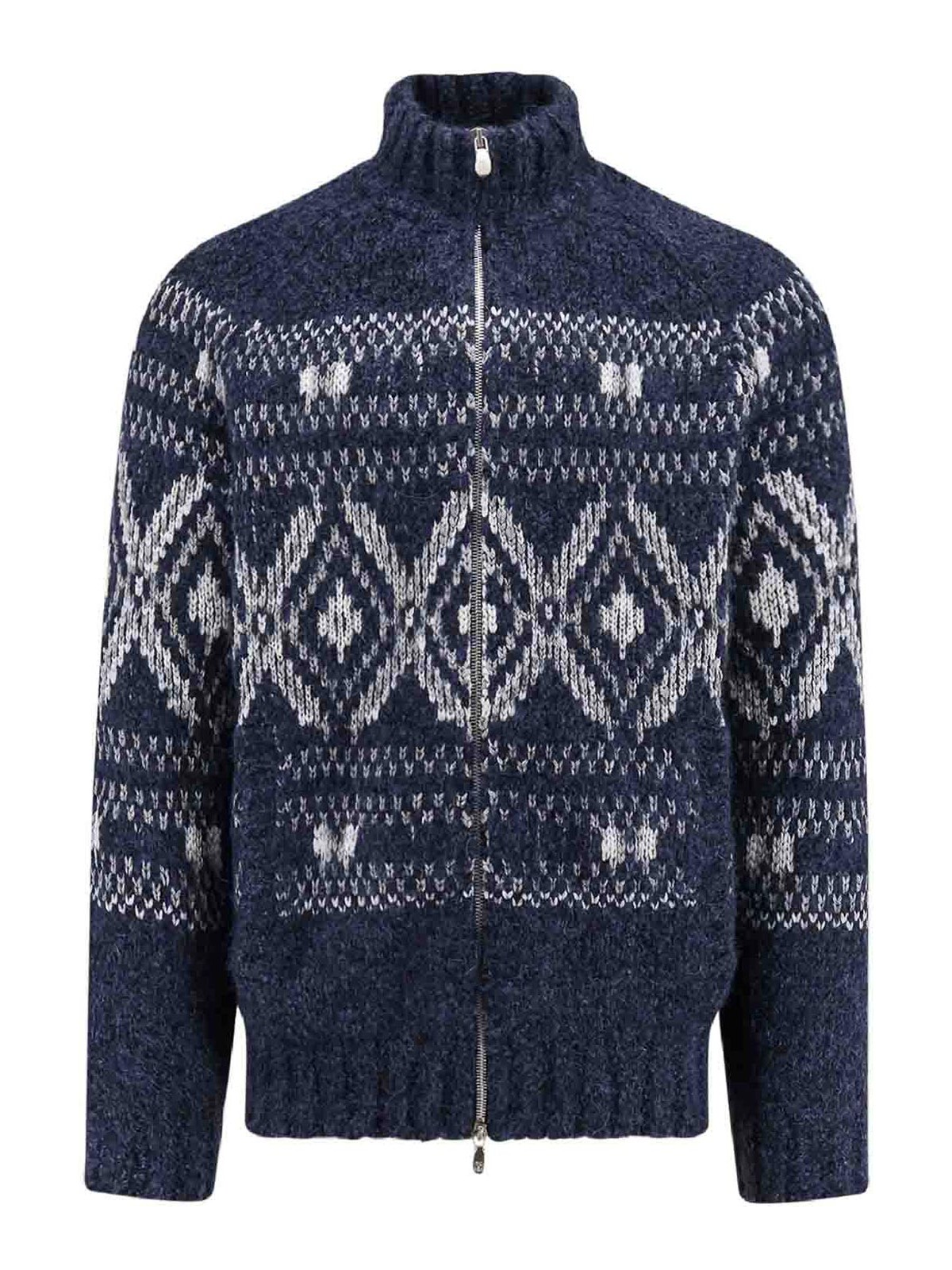 Brunello Cucinelli Geometric Jacquard Cardigan In Wool And Cashmere In Blue