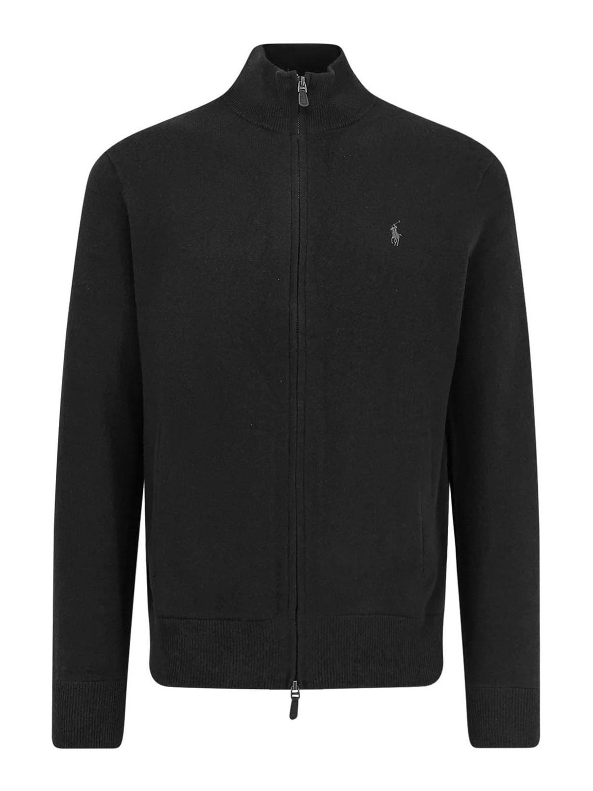 Polo Ralph Lauren Black Cardigan With High Neck And Pony Embroidery On The Front In Wool Man In Black