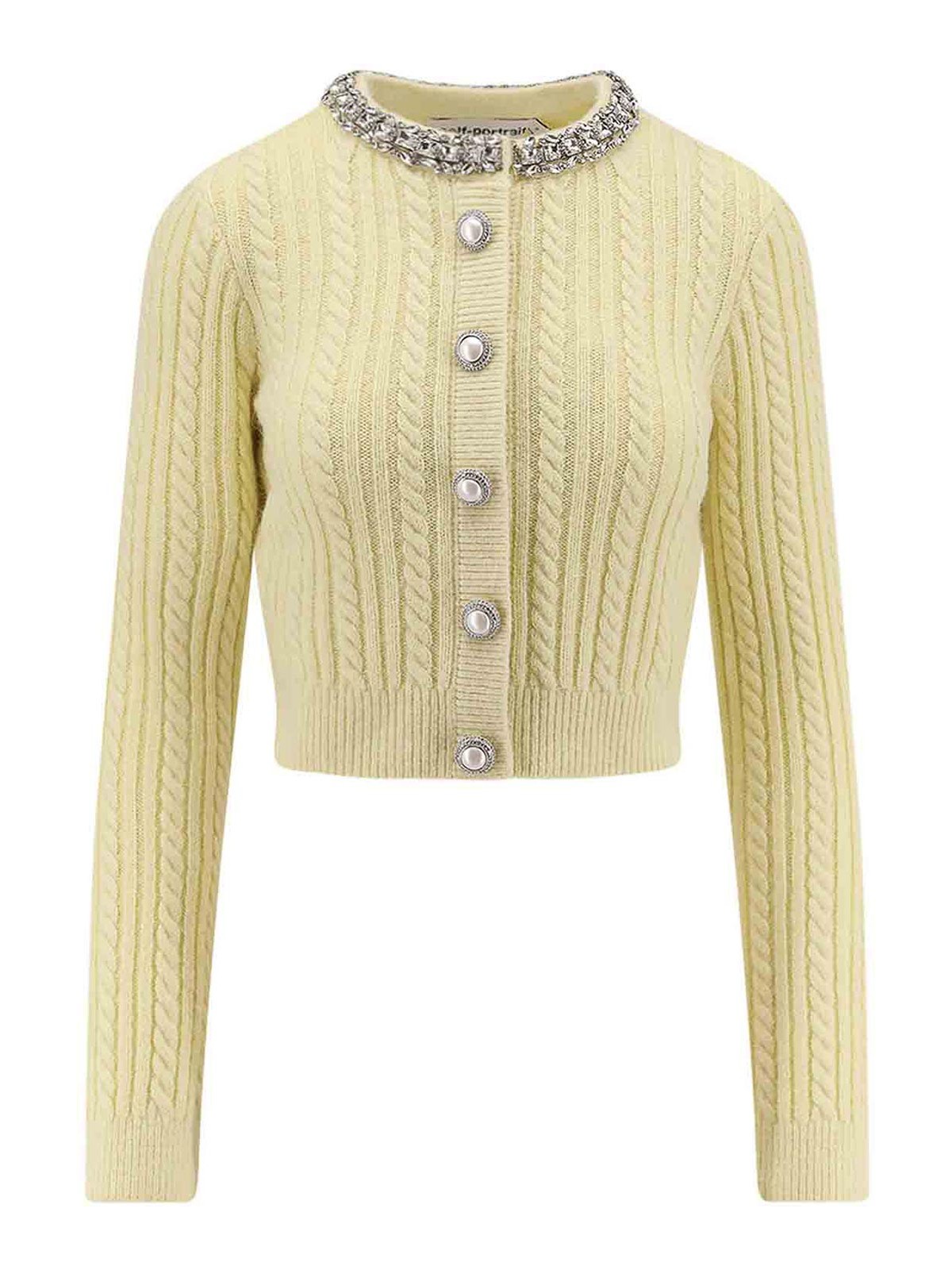 Self-portrait Cardigan In Mixed Wool With Rhinestones In Yellow