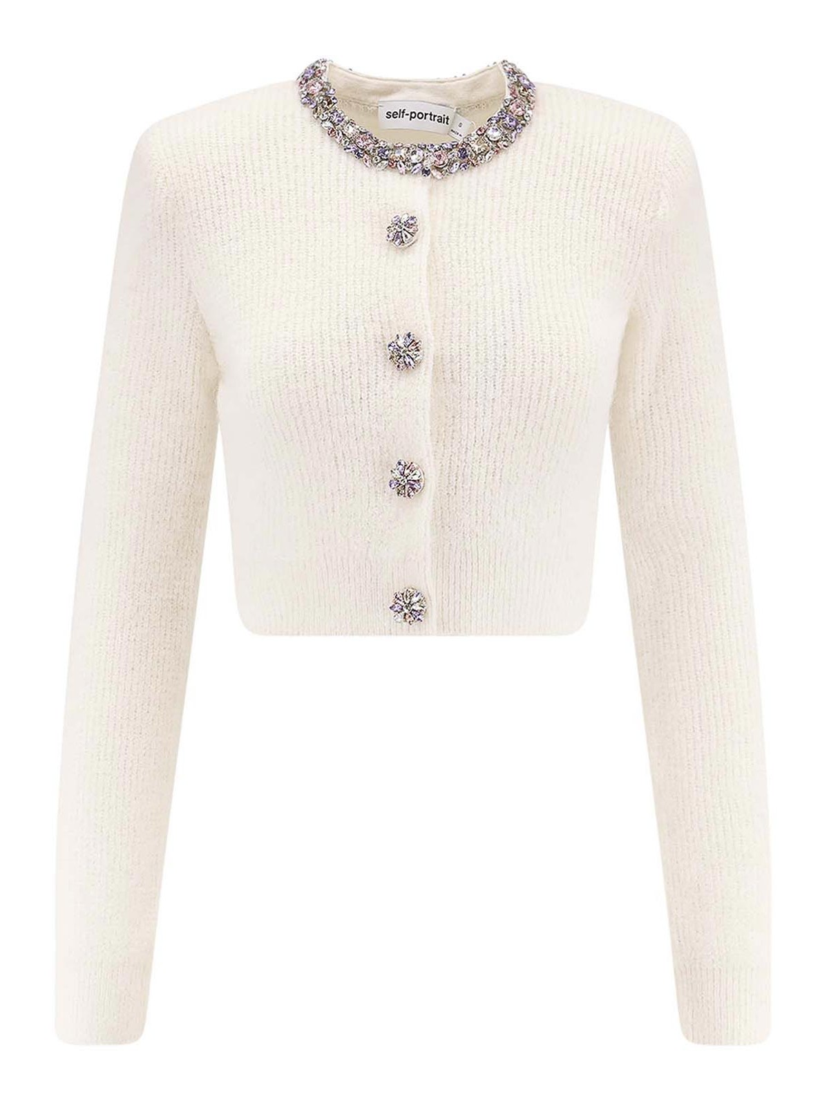 Self-portrait Alpaca Mixed Cardigan With Rhinestones In White