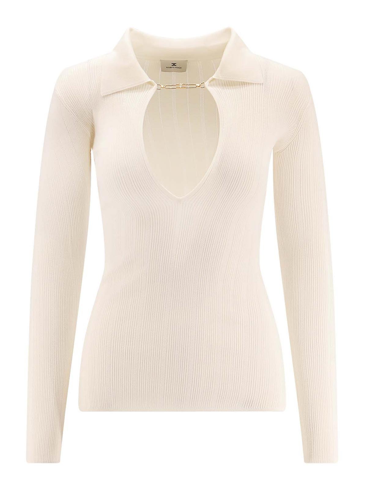 Elisabetta Franchi White Ribbed Sweater With Openwork Details In Neutral