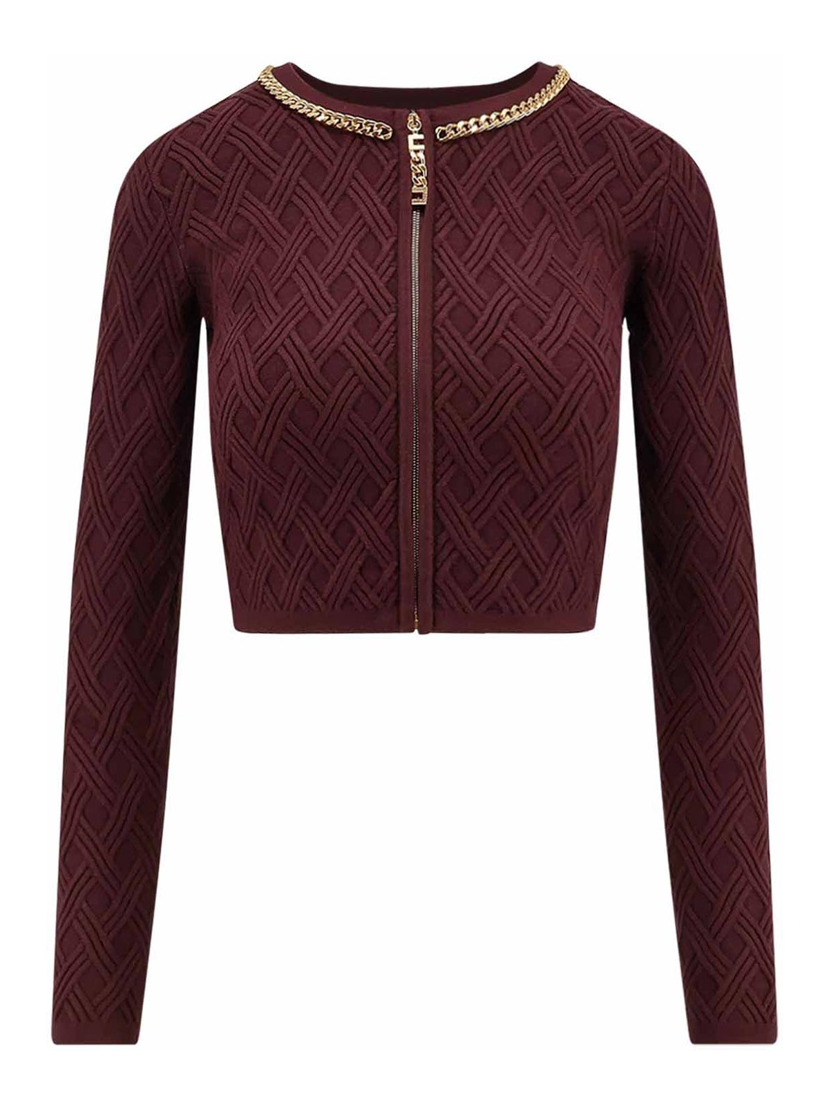 Elisabetta Franchi Cardigan In Maglia A Rombi Con Dettaglio Gioiello Bordeaux In Burgundy