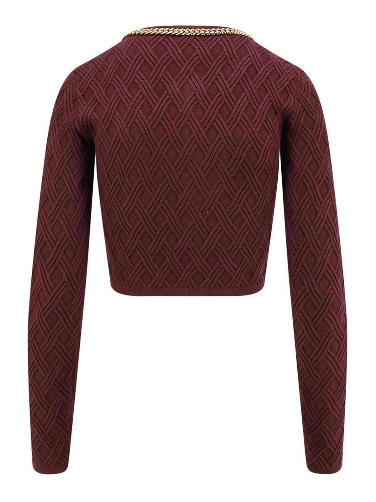 Elisabetta Franchi Cardigan In Maglia A Rombi Con Dettaglio Gioiello Bordeaux In Burgundy