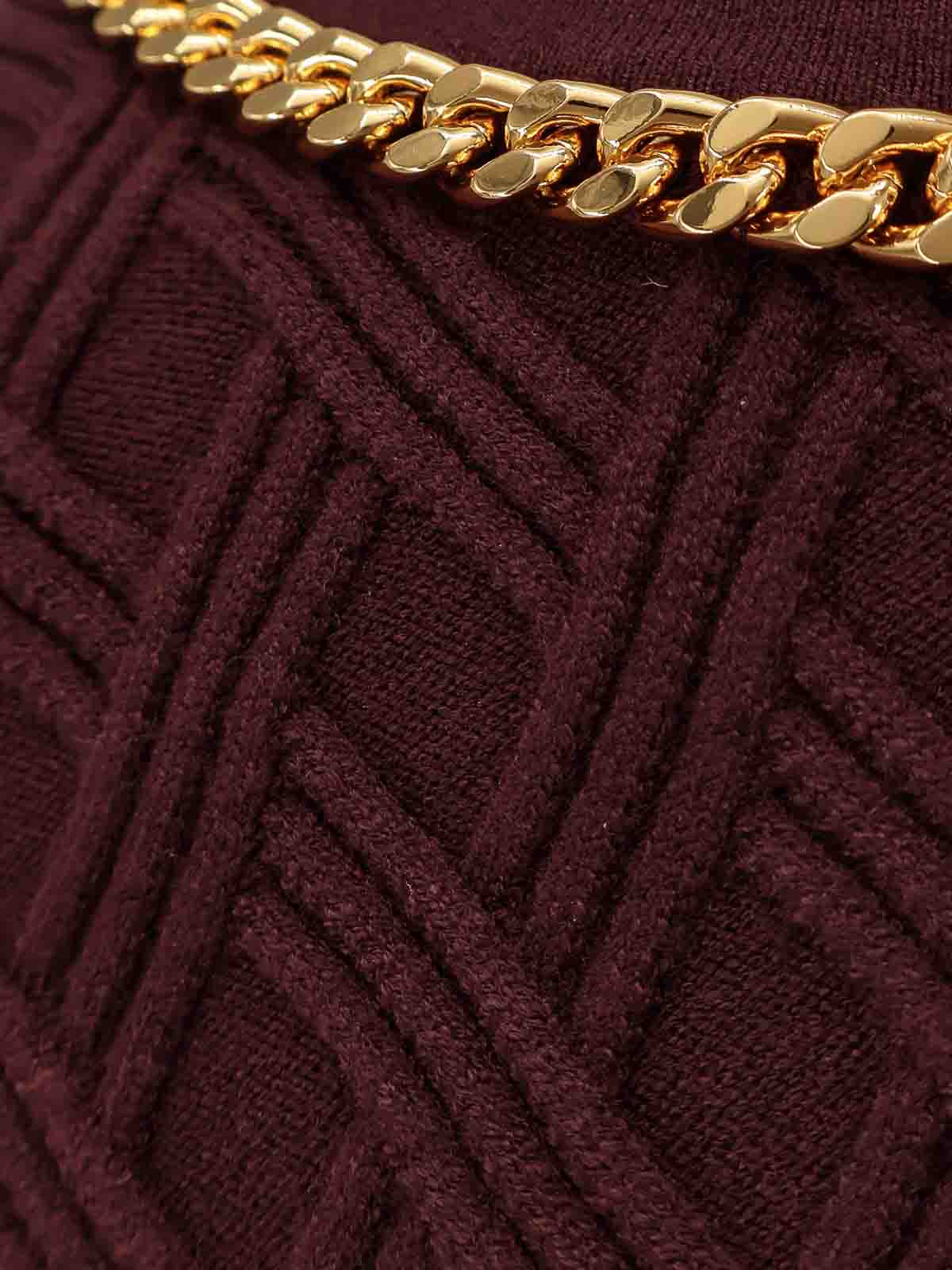 Elisabetta Franchi Cardigan In Maglia A Rombi Con Dettaglio Gioiello Bordeaux In Burgundy